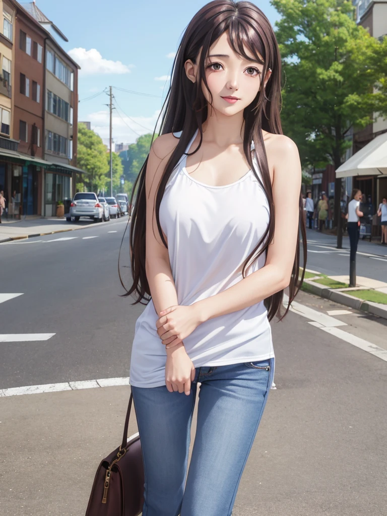 Kaori Brown Long, brown hair, Pretty Face, Smile ,blush,Blue sky, on the street, Casual wear, jeans ,Bare shoulders,Bare belly,Huge breasts, cleveage,Extremely detailed wallpaper, Perfect lighting, Sunlight,(8K, RAW photos, best quality, masterpiece: 1.2), (Practical, Practical: 1.37), Ultra-high resolution