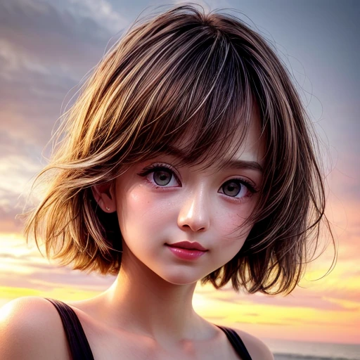 Tiny girl wearing tube-top dress, Stroll along Tropical Beach at evening, (Acutance:0.85), Masterpiece of 8K Ultra-detailed, (Volumetric lighting), (Dazzling BokeH:1.25, RAW photorealistic:1.37), (Gazing at the sunseting colorful sky), (Orange rays illuminating face, close-up:1.4), Gust of wind . (((Extremely detailed a face variation of NOGIZAKA girls))), perfect anatomy, Childish, captivating gaze, elaborate detailed Eyes with (sparkling highlights:1.3), long eyelashes、Glossy RED Lips with beautiful details, Coquettish tongue, Rosy cheeks, ((Radiant natural skin) with clear transparency) . { (Dynamic joyful expressions) | (:d) }, (Photon Particles:1.25), (no Large eyes, no tree).