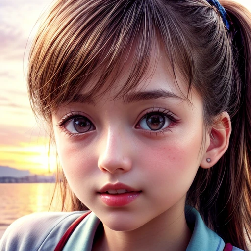(Acutance:0.85),(Ultra-detailed RAW photorealistic:1.37), Tiny girl、Tropical Beach、evening、Stroll along the beach、(Gazing at the colorful sunset)、(Orange rays illuminating face, close-up:1.4), Gust of wind . (((Extremely detailed NOGIZAKA face))), perfect anatomy, Childish, captivating gaze, elaborate detailed Eyes with (sparkling highlights:1.2), long eyelashes、Glossy RED Lips with beautiful details, Coquettish tongue, Rosy cheeks, (Radiant natural skin) with clear transparency . { (Dynamic joyful expressions) | :d) }, Random hair color, (no Large eyes).