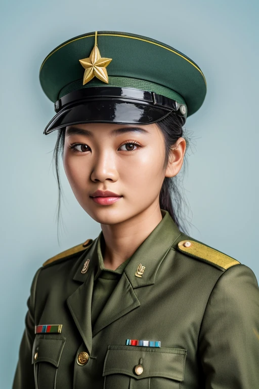 Highly realistic photo, ((masterpiece), (best quality), (raw photo), (photorealistic:1.4), Vietnamese pretty girl, Portrait of a Vietnamese soldier, wearing green army uniform , ((light blue background)) , photo taken by Sony A7IV