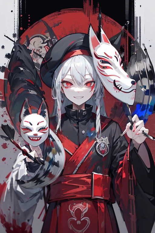 (((1man))), Night City, rain,((white heir)), (red eyes), (((artist))), (((crazy eyes))), (((fox mask))),hand up,paintbrush on hand,covering face, (dark persona), (evil grin), ((((evil smile)))),(beret), (((((paintbrush,)))),