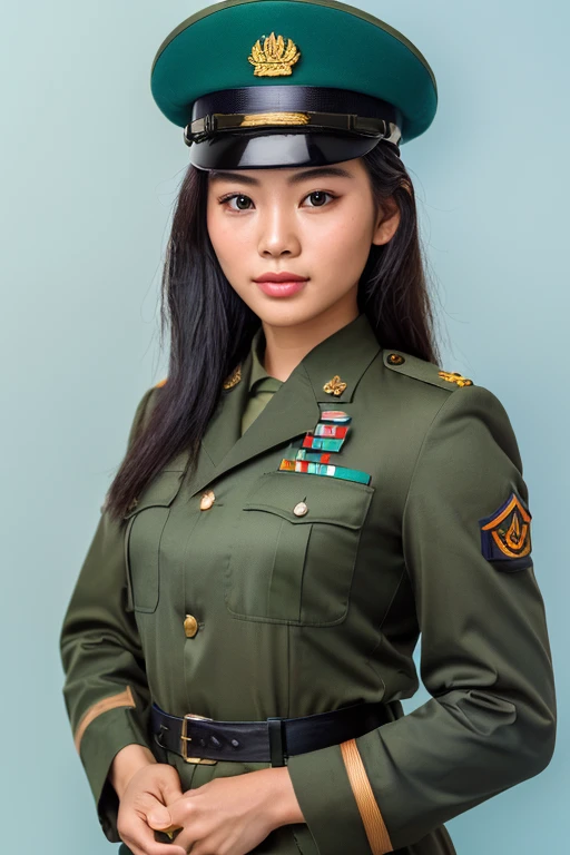 Highly realistic photo, ((masterpiece), (best quality), (raw photo), (photorealistic:1.4), Vietnamese pretty girl, Portrait of a Vietnamese soldier, wearing green army uniform , ((light blue background)) , photo taken by Sony A7IV
