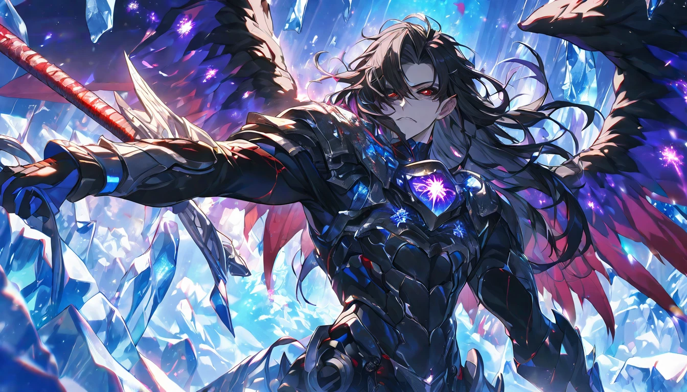 Best quality, One, handsome, 1 man, with a sporty body, V-shaped body, wide shoulders, black detailed armor with luminous bloody details, crazy and wild face, big bloody wings, sharp ears, long hair, black hair, model hair, black sclera and blood red iris eyes, around him in weightlessness blood and ice (snow) and zippers and lights, bloody threads, black light