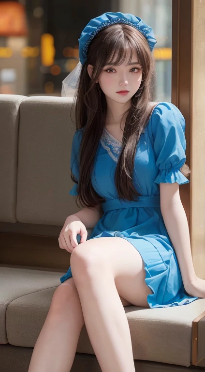 4K Ultra HD, Masterpiece, Very high quality, A girl, 20-year-old girl, Good face, Smooth face, Detailed eyes, Beautiful hair, Very long hair, Hair Band, Cute look, Blue costume, Blue dress, night club, Different lighting, Sit Pose, Full body capture