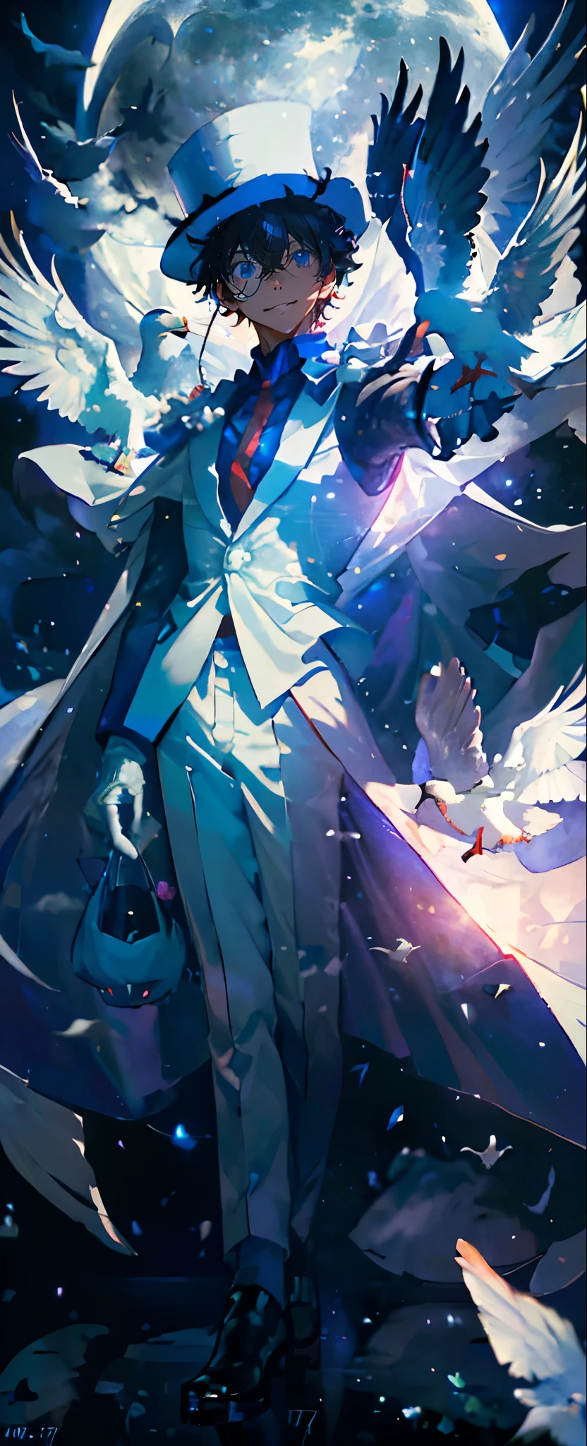 (Mastepiece), (Best Quality), Very detailed, (( boy:1.5)), (Full body photography:1.3)、Perfect Face, Beautiful Face, Very detailedな顔,(Black short hair:1.3),(Blue Eyes:1.3)、((White Suit 1.4))、(Blue Shirt)、(Pink tie)、((White Top Hat 1.4))、((White Cape:1.4))、(White Gloves 1.4)、(Monocle 1.3)、(Playing cards 1.2)、(White Moon:1.4)、(Night Sky:1.5)、(White Dove:1.3)、(gem:1.4)、magician、(Toothy smile:1.3)、handcuffs