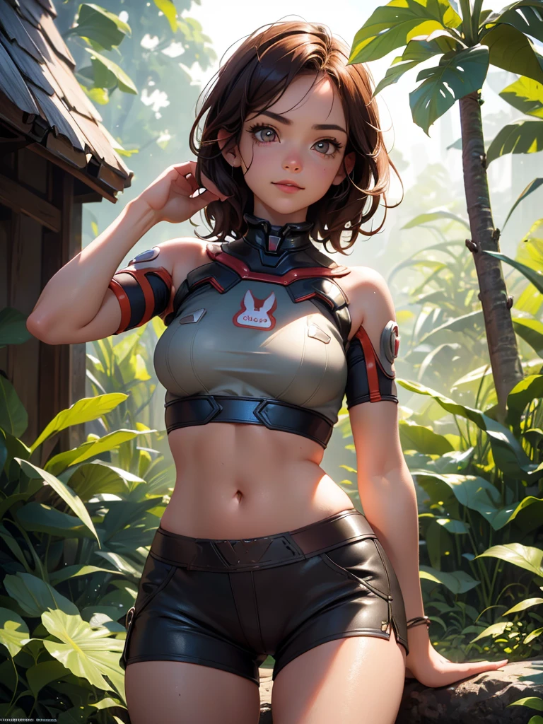 1 Girl, Explore the beautiful rainforest, Heaven, (masterpiece), (best quality), tracker, 25 years old, brown hair, Spiked Hair, short hair, Lara Croft shorts and crop top, orange goggles, ((detailed)), ((best quality)), ((masterpiece)), extremely detailed CG unity 8K wallpaper, 32k, focus sharp, photo of Perfect eyes, Perfect eyes, masterpiece, Raw, beautiful art, Professional artist, 8K, very detailed face, very detailed hair, perfectly dRawn body, Pretty Face, very detailed eyes, Smile, rosy cheeks, Intricate details in eyes, Perfect fit, Beautiful Body, extremely detailed, Intricate details, highly detailed, sharp focus, detailed skin, realistic skin texture, texture, detailed eyes, high resolution, Kodak Vision Color Films_\(extremist\), Post-Processing, Maximum details, Roughness, real life, extremist realistic, photorealism, photography, absurd, RAW photo, best quality, high detail RAW color photo, professional photo, extremely detailed UHD 8K wallpaper unit, best quality, High resolution, (masterpiece, Top quality, high resolution:1.4), photo, Movie, Film Grain, sharp, Soft natural light, magic photography, super detailed, Anatomically correct, Perfect anatomical structure, Camel toe.