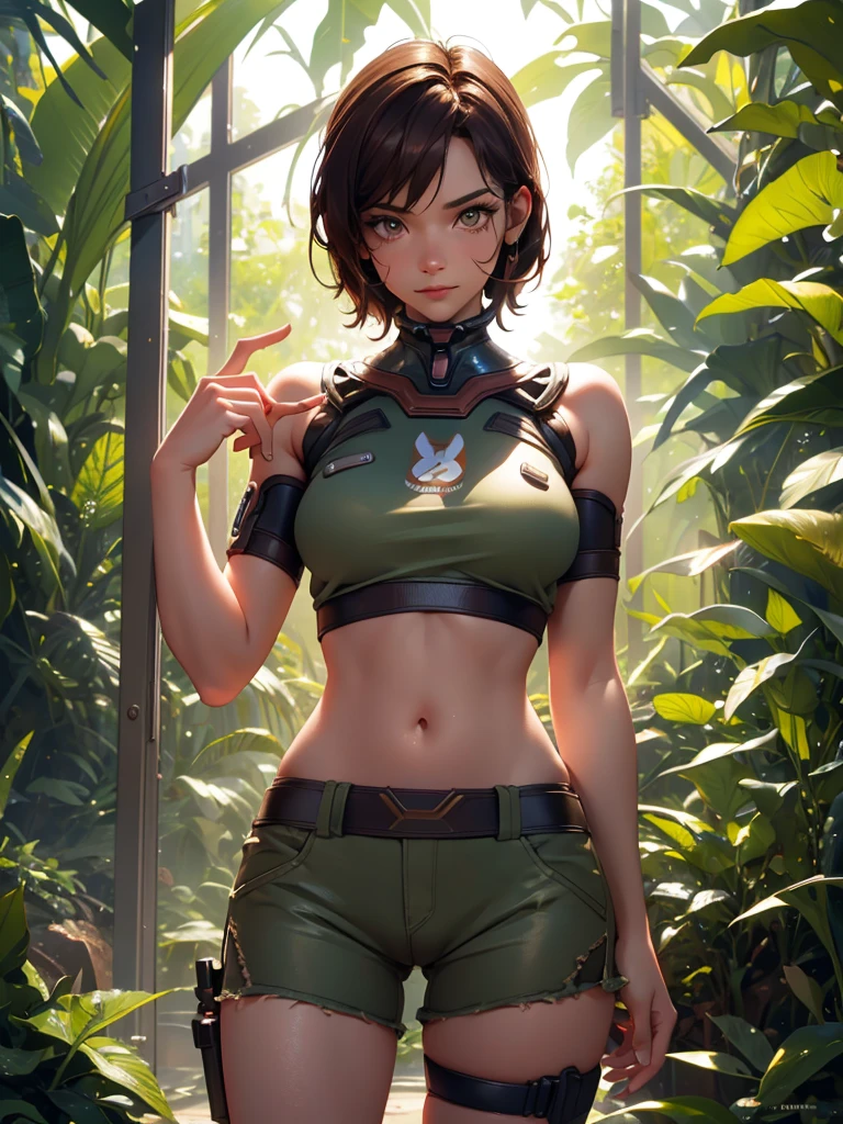 1 Girl, Explore the beautiful rainforest, Heaven, (masterpiece), (best quality), tracker, 25 years old, brown hair, Spiked Hair, short hair, Lara Croft shorts and crop top, orange goggles, ((detailed)), ((best quality)), ((masterpiece)), extremely detailed CG unity 8K wallpaper, 32k, focus sharp, photo of Perfect eyes, Perfect eyes, masterpiece, Raw, beautiful art, Professional artist, 8K, very detailed face, very detailed hair, perfectly dRawn body, Pretty Face, very detailed eyes, Smile, rosy cheeks, Intricate details in eyes, Perfect fit, Beautiful Body, extremely detailed, Intricate details, highly detailed, sharp focus, detailed skin, realistic skin texture, texture, detailed eyes, high resolution, Kodak Vision Color Films_\(extremist\), Post-Processing, Maximum details, Roughness, real life, extremist realistic, photorealism, photography, absurd, RAW photo, best quality, high detail RAW color photo, professional photo, extremely detailed UHD 8K wallpaper unit, best quality, High resolution, (masterpiece, Top quality, high resolution:1.4), photo, Movie, Film Grain, sharp, Soft natural light, magic photography, super detailed, Anatomically correct, Perfect anatomical structure, Camel toe.