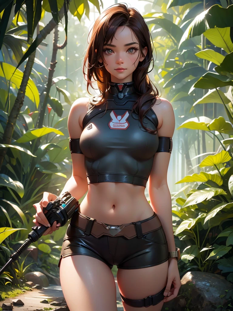 1 Girl, Explore the beautiful rainforest, Heaven, (masterpiece), (best quality), tracker, 25 years old, brown hair, Spiked Hair, short hair, Lara Croft shorts and crop top, orange goggles, ((detailed)), ((best quality)), ((masterpiece)), extremely detailed CG unity 8K wallpaper, 32k, focus sharp, photo of Perfect eyes, Perfect eyes, masterpiece, Raw, beautiful art, Professional artist, 8K, very detailed face, very detailed hair, perfectly dRawn body, Pretty Face, very detailed eyes, Smile, rosy cheeks, Intricate details in eyes, Perfect fit, Beautiful Body, extremely detailed, Intricate details, highly detailed, sharp focus, detailed skin, realistic skin texture, texture, detailed eyes, high resolution, Kodak Vision Color Films_\(extremist\), Post-Processing, Maximum details, Roughness, real life, extremist realistic, photorealism, photography, absurd, RAW photo, best quality, high detail RAW color photo, professional photo, extremely detailed UHD 8K wallpaper unit, best quality, High resolution, (masterpiece, Top quality, high resolution:1.4), photo, Movie, Film Grain, sharp, Soft natural light, magic photography, super detailed, Anatomically correct, Perfect anatomical structure, Camel toe.