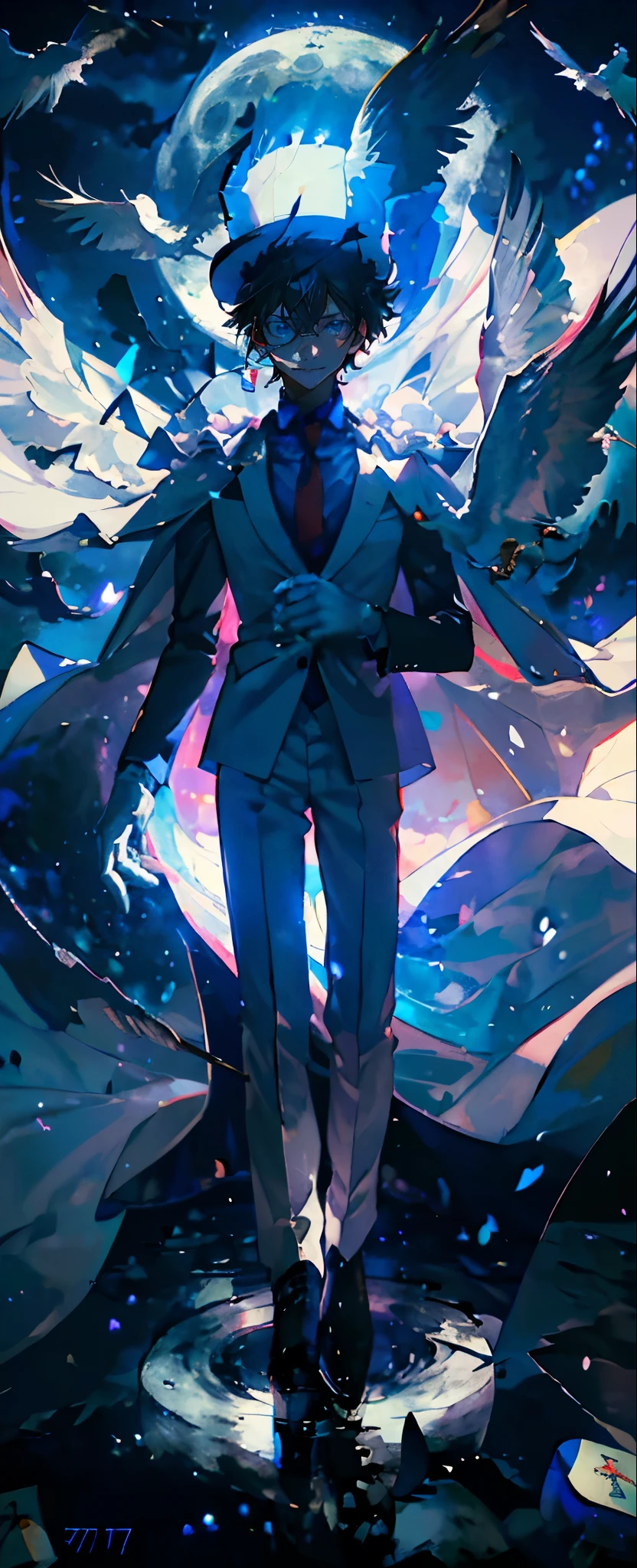 (Mastepiece), (Best Quality), Very detailed, (( boy:1.5)), (Full body photography:1.3)、Perfect Face, Beautiful Face, Very detailedな顔,(Black short hair:1.3),(Blue Eyes:1.3)、((White Suit 1.4))、(Blue Shirt)、(Pink tie)、((White Top Hat 1.4))、((White Cape:1.4))、(White Gloves 1.4)、(Monocle 1.3)、(Playing cards 1.3)、(White Moon:1.4)、(Night Sky:1.5)、(White Dove:1.2)、(gem:1.4)、magician、(Toothy smile:1.3)、handcuffs