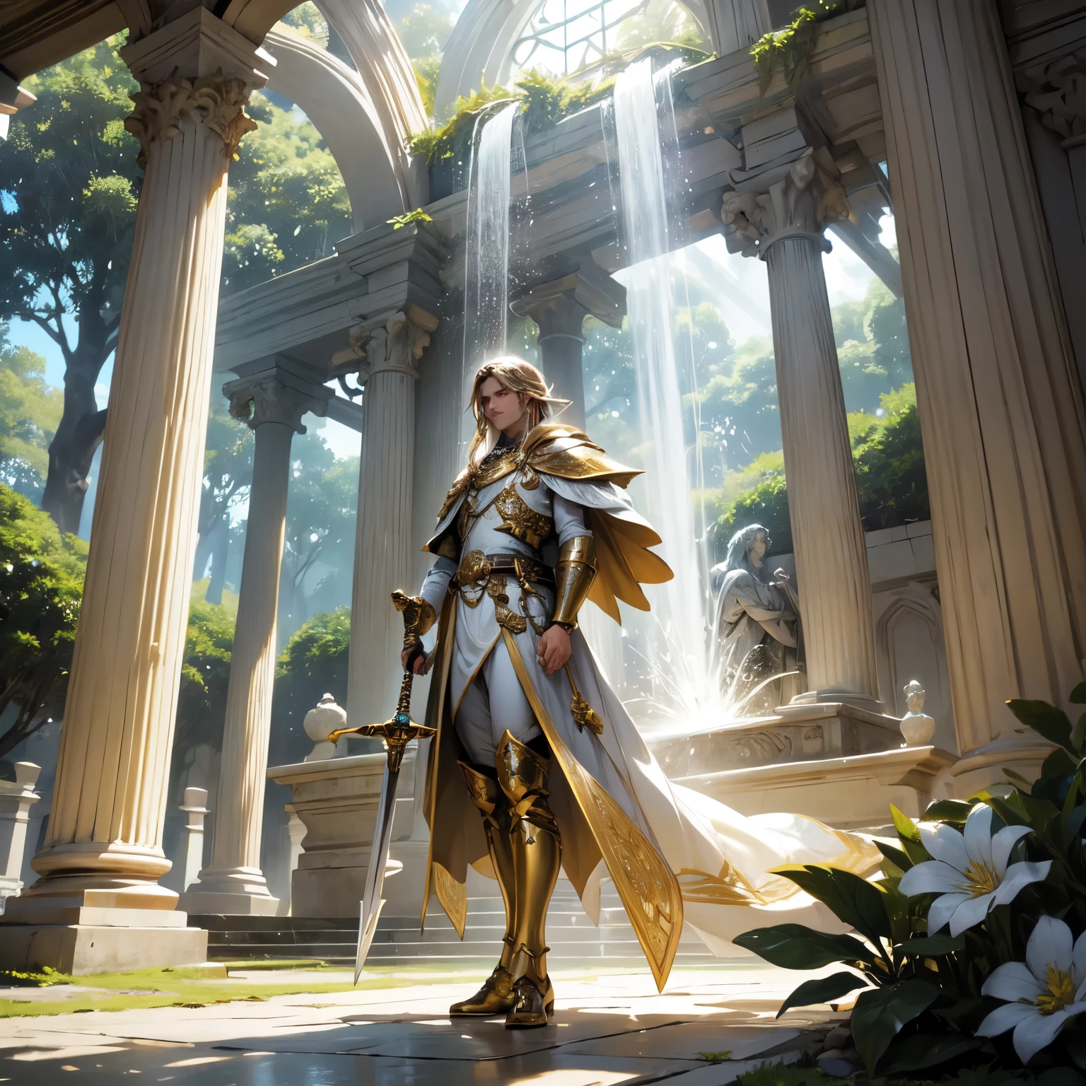 Create an 8K ultra HD digital image of a noble mystical light brown haired Seraphin warrior, longos e ondulados, vestido com trajes de batalha da realeza, no jardim externo do castelo. O guerreiro tem olhos verdes claros e pele morena. He is dressed in moss green velvet armor with silver and gold trim., Adorned with magical jewels that glow softly. Ele usa uma coroa de prata com pedras preciosas, silver bracelets on her wrists and a magical amulet around her neck. No jardim externo, o guerreiro empunha a Espada de Zeus. The sword is made of celestial gold and emits golden rays, with divine inscriptions along the blade that shine brightly. The hilt of the sword is adorned with small rays and lightning., simbolizando seu poder supremo. He holds the sword in a protective pose, pronto para defender o castelo, while electric sparks dance around you. The Sword of Zeus is known for its ability to control thunder and lightning, e uma aura de poder divino emana dela. The external garden is an open and green space, with tall trees, flores coloridas e caminhos de pedra. Water fountains and ancient statues adorn the garden, criando um ambiente de paz e beleza natural. The sunlight filters through the trees, iluminando o guerreiro e a espada com um brilho celestial. A imagem deve capturar a serenidade e a majestade do jardim externo, highlighting the warrior's interaction with the Sword of Zeus.