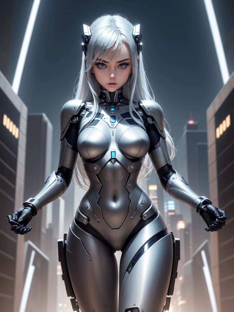 Metal Body Girl　Metal　The face is also silver　Robotic Arm　Mechanical Legs　Mechanical fuselage　of the night city, Ultra HD, Retina, masterpiece, precise, Anatomically correct, Textured Skin, Super Detail, High Detail, high quality, The award-winning, best quality, High resolution