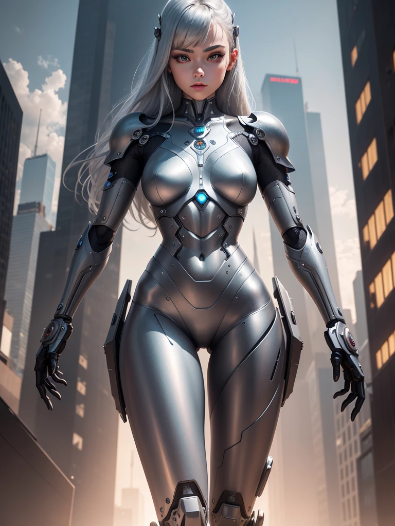 Metal Body Girl　Metal　The face is also silver　Robotic Arm　Mechanical Legs　Mechanical fuselage　of the night city, Ultra HD, Retina, masterpiece, precise, Anatomically correct, Textured Skin, Super Detail, High Detail, high quality, The award-winning, best quality, High resolution