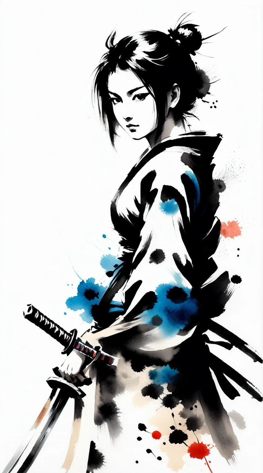 1girl, Samurai,solo, looking at viewer,  Watercolor style,Japanese sword,sumi-e, masterpiece,best quality,extremely detailed,fine details,Zoom in,Beautiful posture