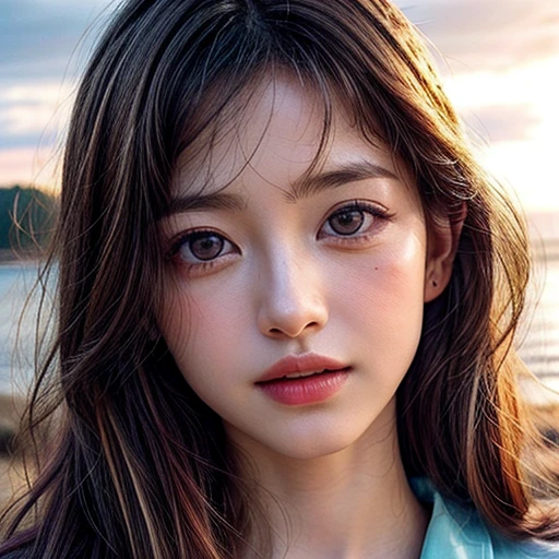 (Acutance:0.85),(Ultra-detailed RAW photorealistic:1.37), Tiny girl、Tropical Beach、evening、Stroll along the beach、(Gazing at the colorful sunset)、(Orange rays illuminating face, close-up:1.4), Gust of wind . (((Extremely detailed NOGIZAKA face))), perfect anatomy, Childish, captivating gaze, elaborate detailed Eyes with (sparkling highlights:1.2), long eyelashes、Glossy RED Lips with beautiful details, Coquettish tongue, Rosy cheeks, (Radiant natural skin) with clear transparency . { (Dynamic joyful expressions) | :d) }, Random hair color, (no Large eyes).