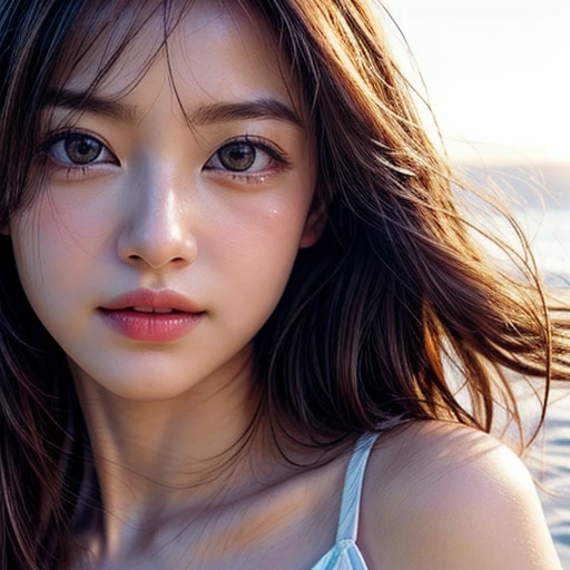 (Acutance:0.85),(Ultra-detailed RAW photorealistic:1.37), Tiny girl、Tropical Beach、evening、Stroll along the beach、(Gazing at the colorful sunset)、(Orange rays illuminating face, close-up:1.4), Gust of wind . (((Extremely detailed NOGIZAKA face))), perfect ???????, Childish, captivating gaze, elaborate detailed Eyes with (sparkling highlights:1.2), long eyelashes、Glossy RED Lips with beautiful details, Coquettish tongue, Rosy cheeks, (Radiant natural skin) with clear transparency . { (Dynamic joyful expressions) | :d) }, Random hair color, (no Large eyes).