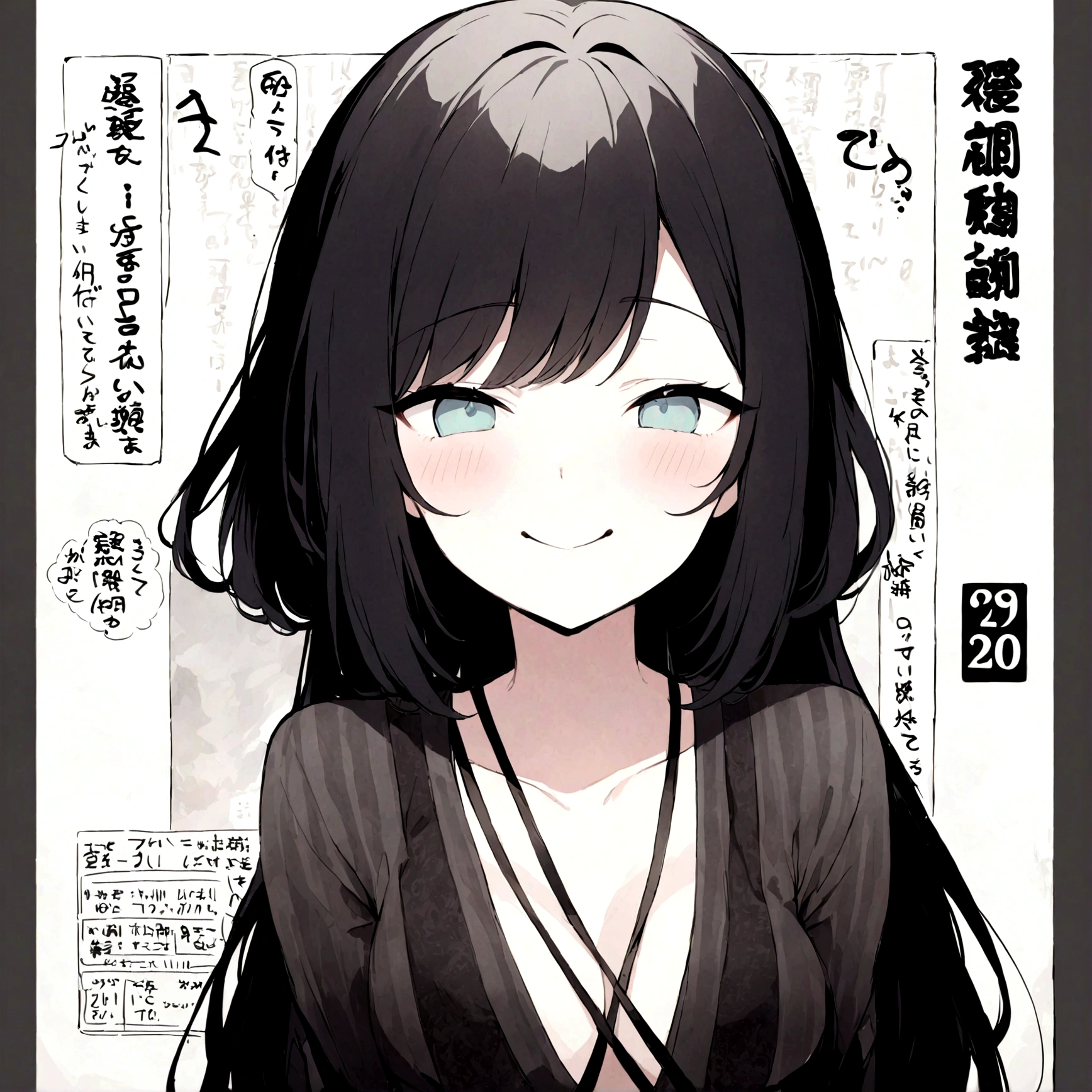 Japan anime、20-year-old women、profile image、one person、front、ID photo、breast enhancement、Plain、black、masterpiece、beautiful、cute、intellectual、Strong wick、I have long hair、black髪、black目、laugh at、beautiful、haven&#39;t done anything