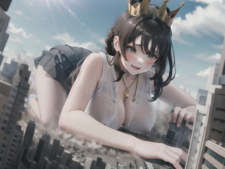 Perfect detail, Special details, highest quality,Full body image,expensive, woman,A satisfied smile ,high school girl、Graceful and elegant appearance,,Her eyes radiated confidence and strength.,Peaceful and calm look,An aura of elegance and beauty,、round face、View Viewer, Black Hair, Braid,Big belly , , Side bang, Partially exposed forehead, Dark brown eyes, Mature Body, Perfect body, Tolerant、Large Breasts,Big ass and plump body.Sweaty body,Breast milk overflowing from the nipples,Pussy,share、body fluid、ビルがbody fluidで溶かされる、Open your mouth、 blush, Cleavage White Shirt, , Black Skirt.,Gold Jewelry,Gold Bracelet,Gold Collar、 Luxurious crown,, necklace, Pursing your lips、 A light smile, Drunk, expensiveディテール, Depth of written boundary, 1080p, 16k, Awards, High resolution, highest quality, masterpiece, 超High resolution, Anatomically correct, Full body image、Super detailed,,Huge breasts、Realistic、Perfect bodyライン、aerial photograph、aerial photograph、Destroying the city with a smile、On all fours (A giant girl bigger than a skyscraper destroys the city of Shibuya:1.5)、cute、body fluid,ビルがbody fluidで溶かされる、Eroticism,share school uniform Breast milk overflowing from the nipples Big breasts overflowing from the white shirt White shirt ripped 自慰中 大都市を占領する On all fours Full body image