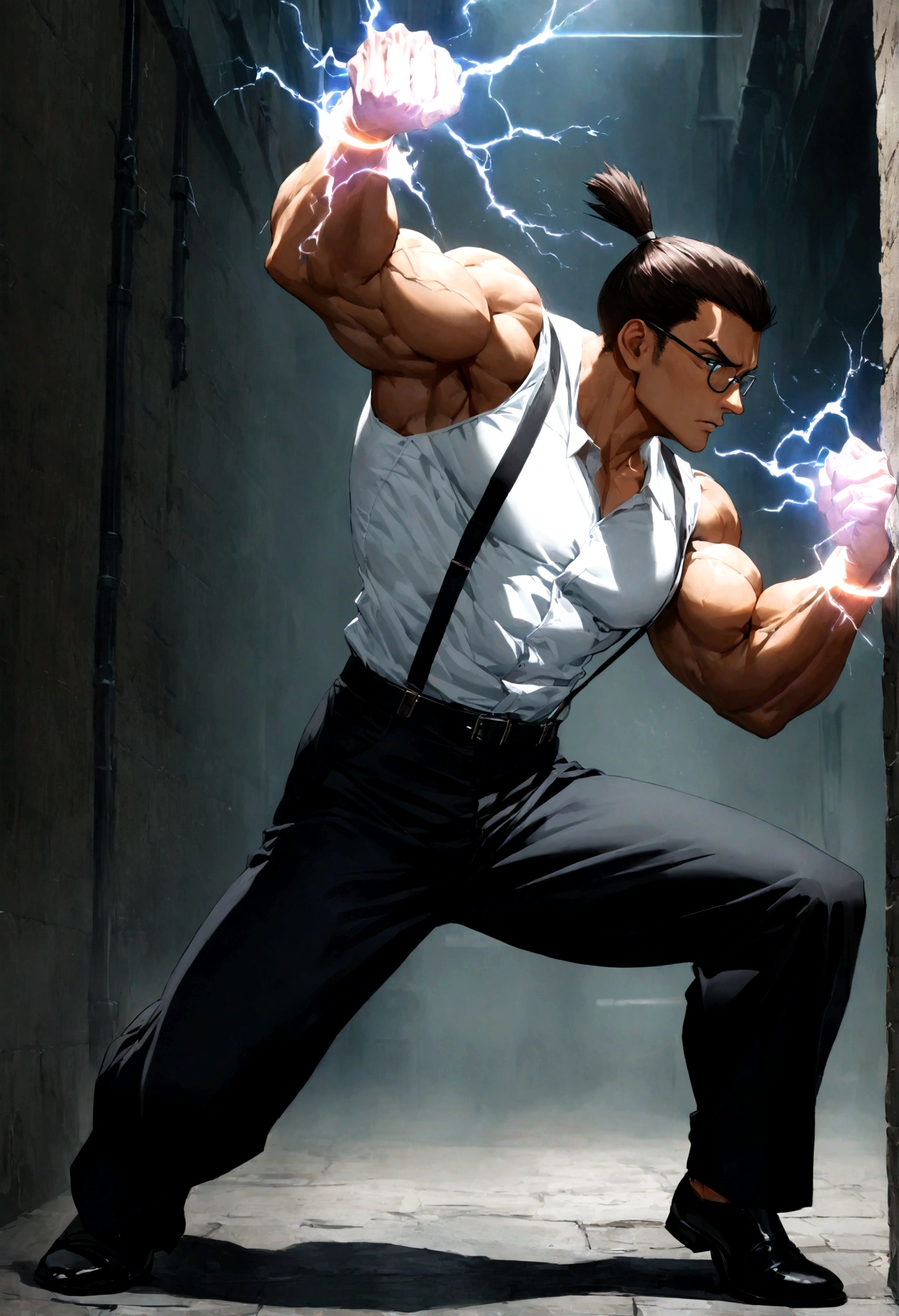  a man wearing black business pants, a white dress shirt and black suspenders, has a very dark brown topknot, muscular, in a dark alley, wearing glasses, solo, alone, in fighting pose, has super strength, using glowing electrical powers