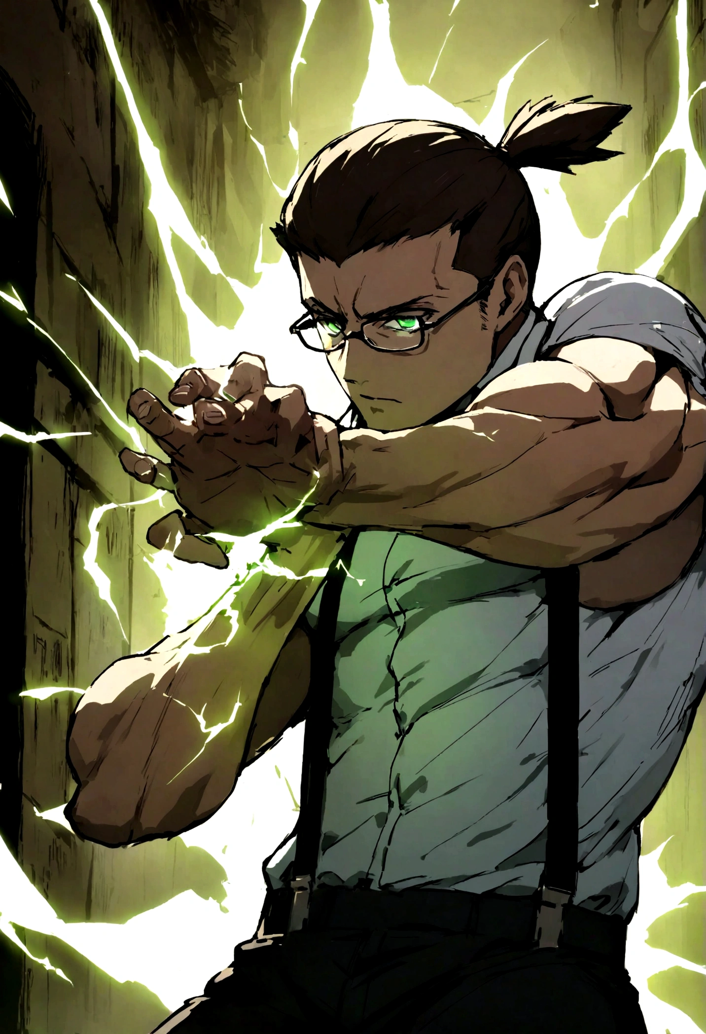  a man wearing black business pants, a white dress shirt and black suspenders, has a very dark brown topknot, muscular, in a dark alley, wearing glasses, solo, alone, in fighting pose, has super strength, using glowing electrical powers