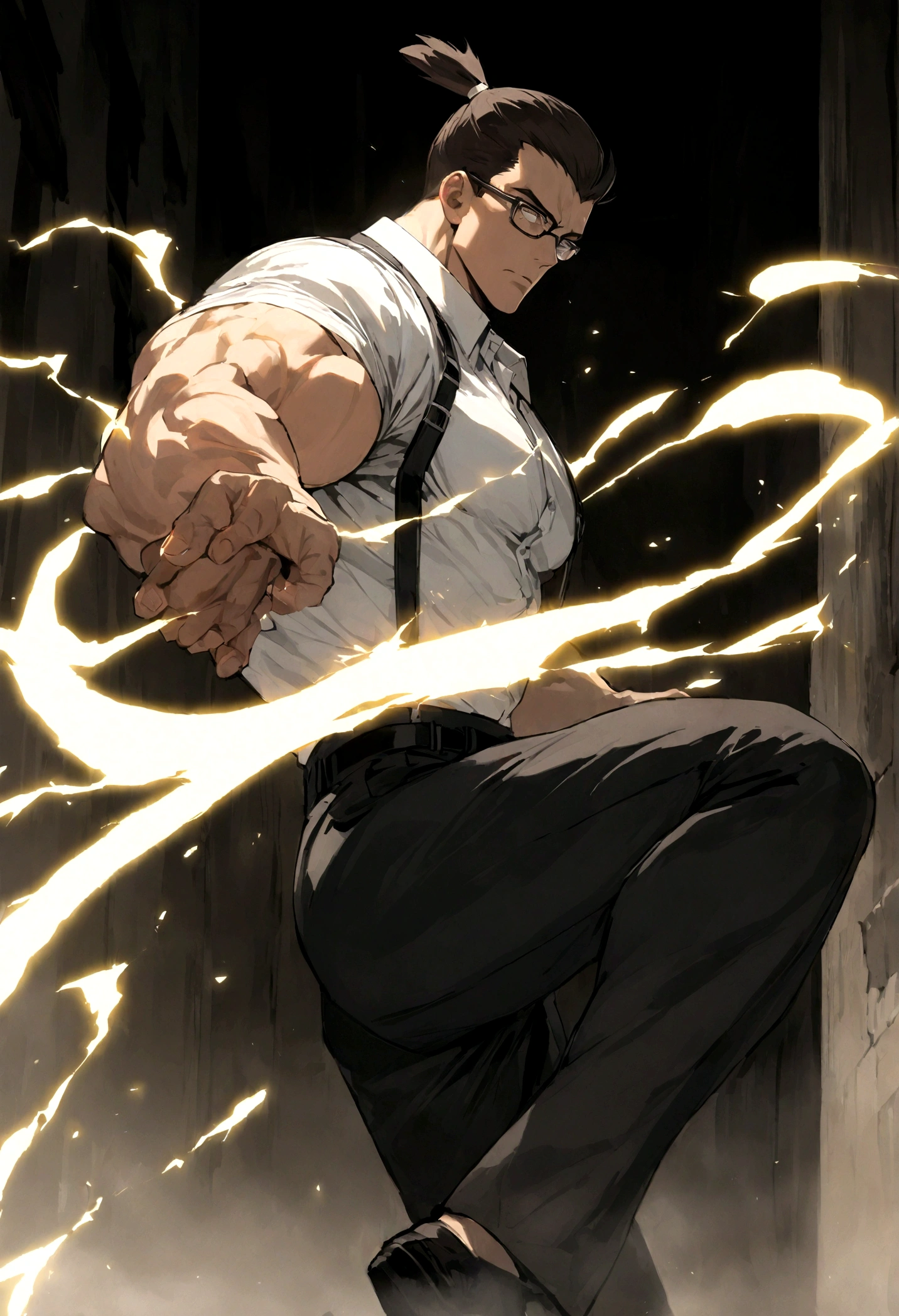  a man wearing black business pants, a white dress shirt and black suspenders, has a very dark brown topknot, muscular, in a dark alley, wearing glasses, solo, alone, in fighting pose, has super strength, using glowing electrical powers