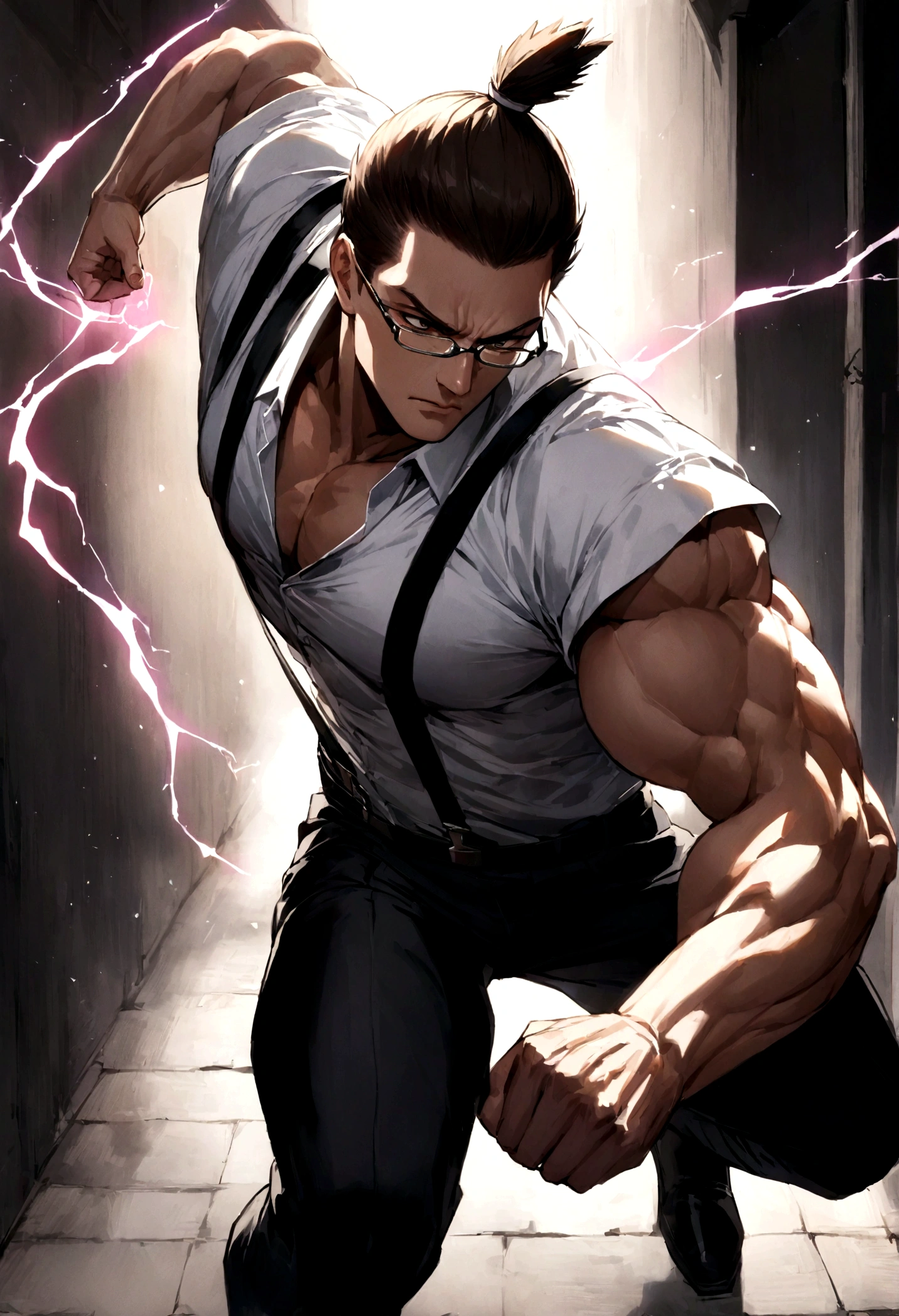  a man wearing black business pants, a white dress shirt and black suspenders, has a very dark brown topknot, muscular, in a dark alley, wearing glasses, solo, alone, in fighting pose, has super strength, using glowing electrical powers