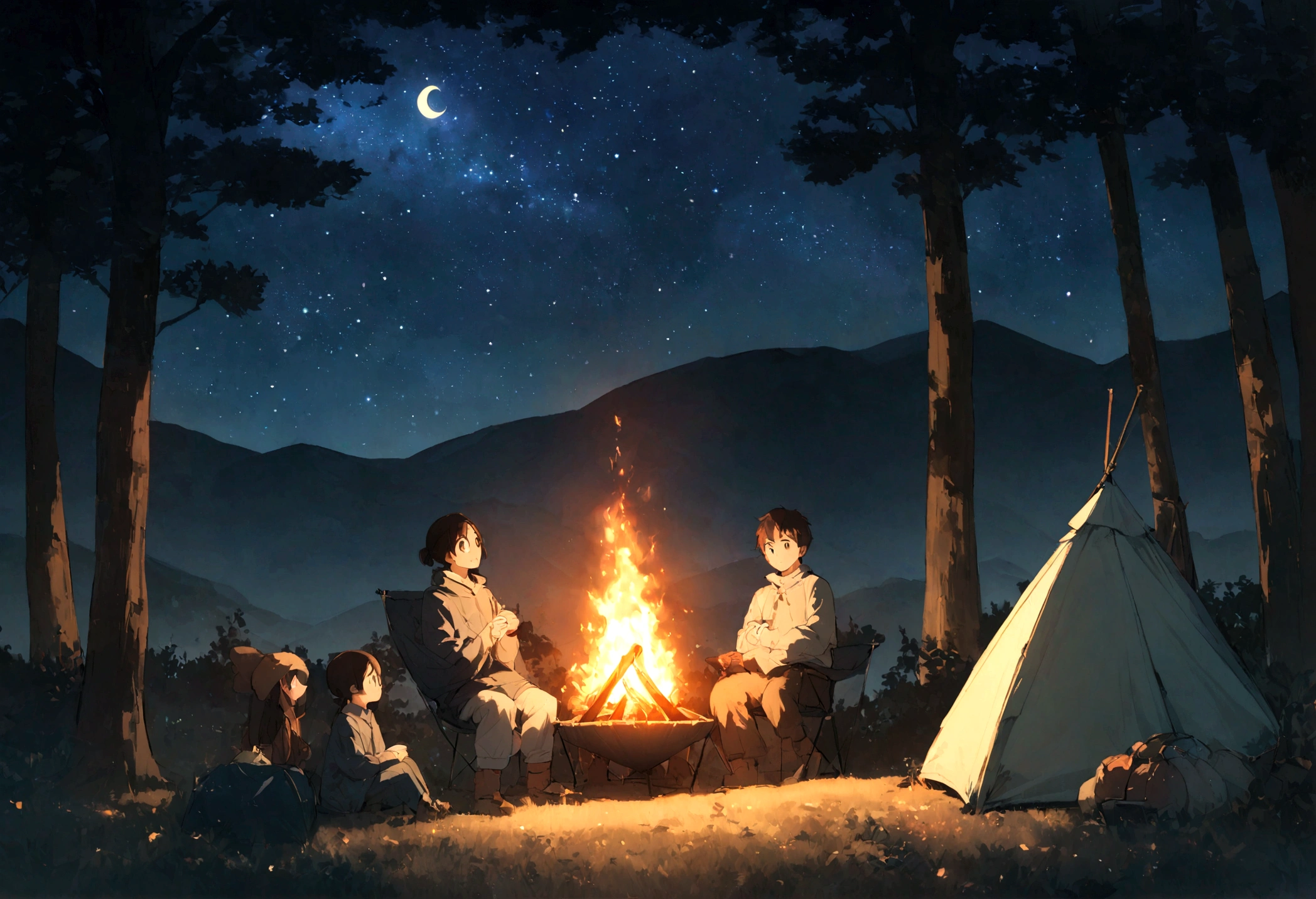 Under a starry sky, a boy and his father are camping in the mountains. They are sitting side by side next to a campfire, gazing up at the stars. Nearby, a large tree stands tall, and the night sky is filled with countless stars with a crescent moon visible. Behind them, their tent and a hammock are set up. The image is in ultra-high resolution, capturing every detail of the background, from the texture of the tree bark to the individual leaves, and the intricate patterns of the starry sky. The warm glow of the campfire creates a cozy and serene atmosphere.