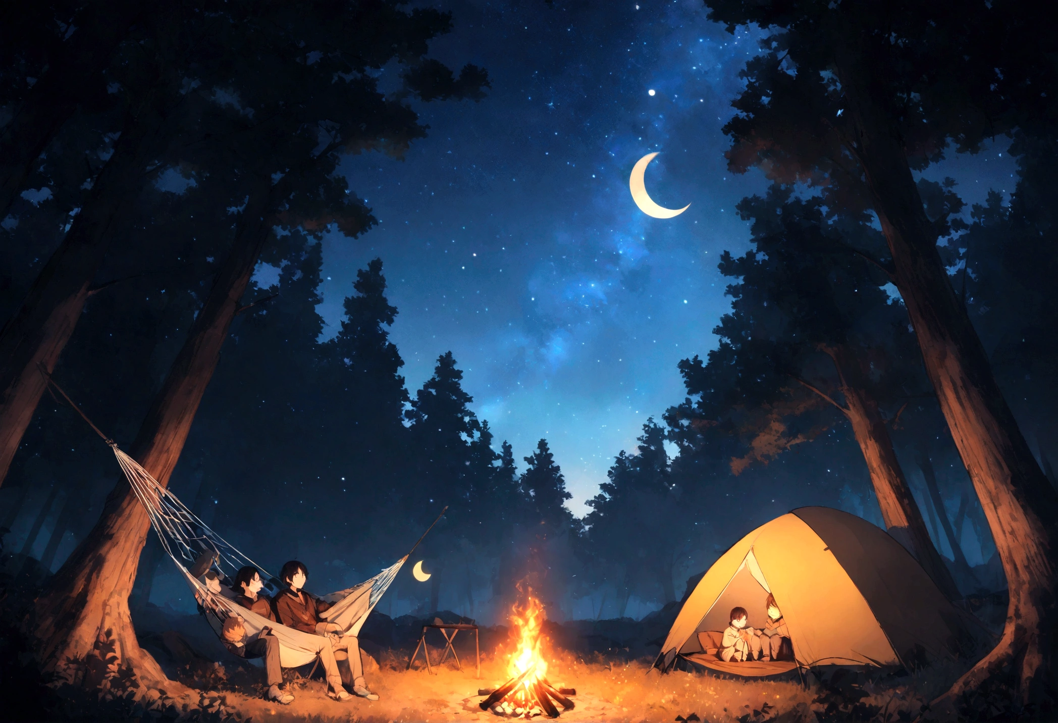 Under a starry sky, a boy and his father are camping in the mountains. They are sitting side by side next to a campfire, gazing up at the stars. Nearby, a large tree stands tall, and the night sky is filled with countless stars with a crescent moon visible. Behind them, their tent and a hammock are set up. The image is in ultra-high resolution, capturing every detail of the background, from the texture of the tree bark to the individual leaves, and the intricate patterns of the starry sky. The warm glow of the campfire creates a cozy and serene atmosphere.