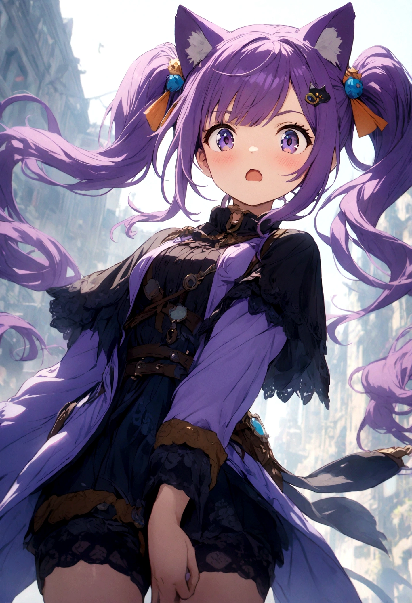 purple hair, hair ornament, twintails, cat ears hairstyle