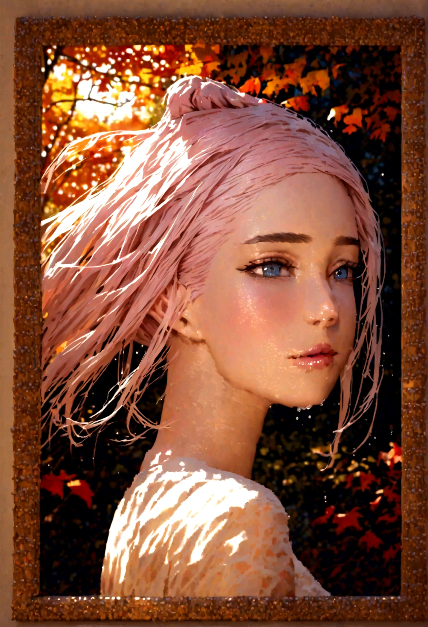 woman with agnes cecile, glowing design, pastel colors, ink drops, autumn lights,(best quality,4k,8k,highres,masterpiece:1.2),ultra-detailed,(realistic,photorealistic,photo-realistic:1.37),portrait,oil painting,detailed eyes,detailed lips,beautiful face,long eyelashes,soft lighting,warm colors,autumn scenery,ink splatters,ethereal,dreamy,elegant,serene