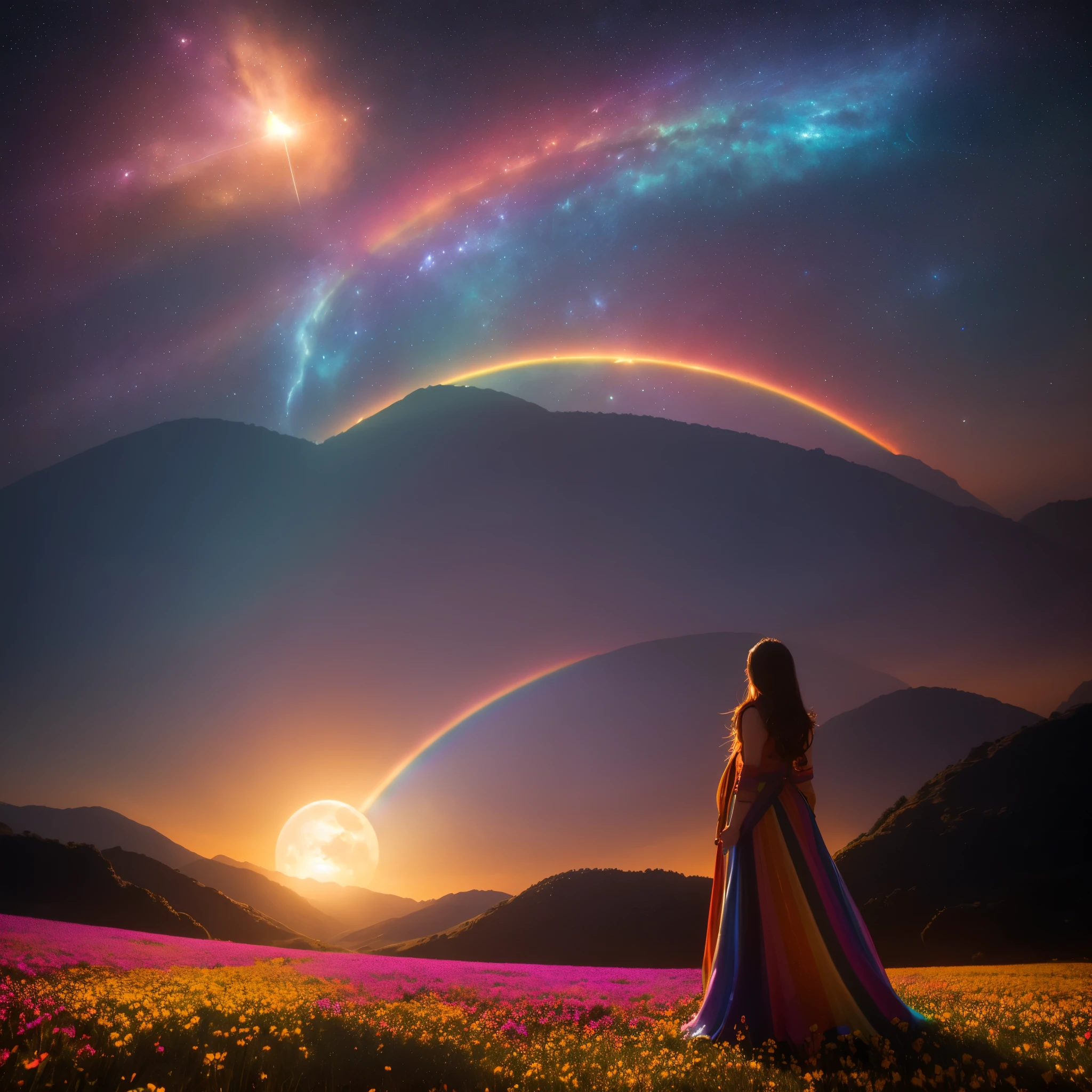 A wide range of landscape photography , (The sky above and the space below々A view from below overlooking the lush countryside), Girl standing in a flower field looking up, (full moon:1.2), ( shooting star:0.9), (nebula:1.3), Distant Mountain, Treebreak Production Art, (Warm light source:1.2), (fire Fly:1.2), light bulb, Lots of purple and orange, Intricate details, Disruptive Volumetric Lighting (Artwork:1.2), (Better Quality), 4K, Ultra-detailed, (Dynamic configuration:1.4), Very detailed, Colorful details,( Rainbow Heart:1.2), (Bright lighting, Atmospheric lighting), Dreamer, Magic, (alone:1.2)
Amoled