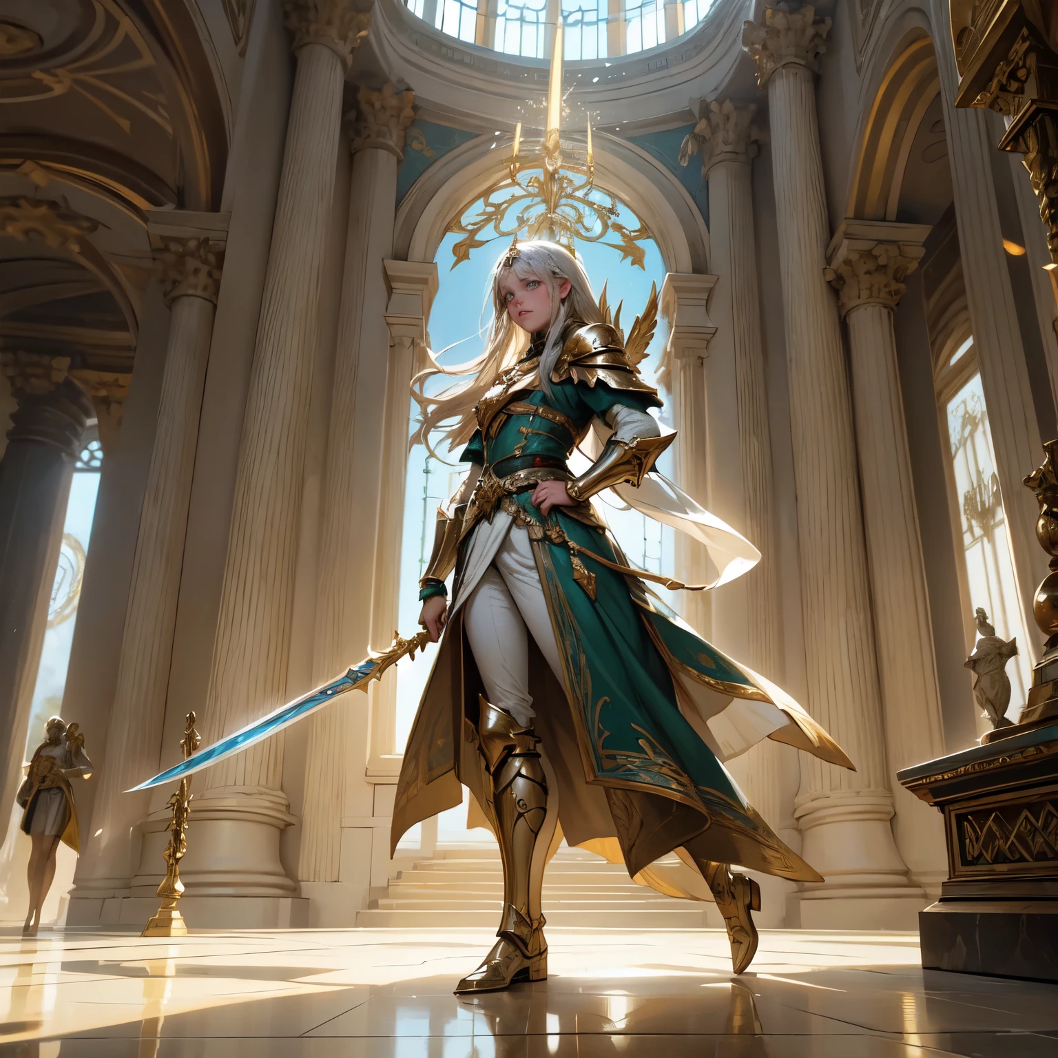 Create an 8K ultra HD digital image of a noble dark brown haired mystical Seraphin warrior, longos e ondulados, vestido com trajes de batalha da realeza, caminhando pelos corredores do castelo. O guerreiro tem olhos verdes brilhantes e pele morena. He is dressed in emerald green velvet armor with gold and silver accents., Adorned with magical jewels that glow softly. Ele usa uma coroa de ouro com pedras preciosas, gold bracelets on her wrists and a magical amulet around her neck. Nos corredores, o guerreiro empunha a Espada de Zeus. The sword is made of celestial gold and emits golden rays, with divine inscriptions along the blade that shine brightly. The hilt of the sword is adorned with small rays and lightning., simbolizando seu poder supremo. Ele segura a espada em uma pose de combate, pronto para defender o castelo, while electric sparks dance around you. The Sword of Zeus is known for its ability to control thunder and lightning, e uma aura de poder divino emana dela. Tapestries of historical scenes, exposed armor and chandeliers that cast a soft light on the stone walls create a noble atmosphere. Janelas altas com vitrais coloridos filtram a luz do sol, creating a play of colors on the marble floor. Small niches throughout the hall contain statues of ancient elven kings and queens.. The image must capture the beauty and elegance of the hallways, with an atmosphere of history and nobility, highlighting the warrior's interaction with the Sword of Zeus.