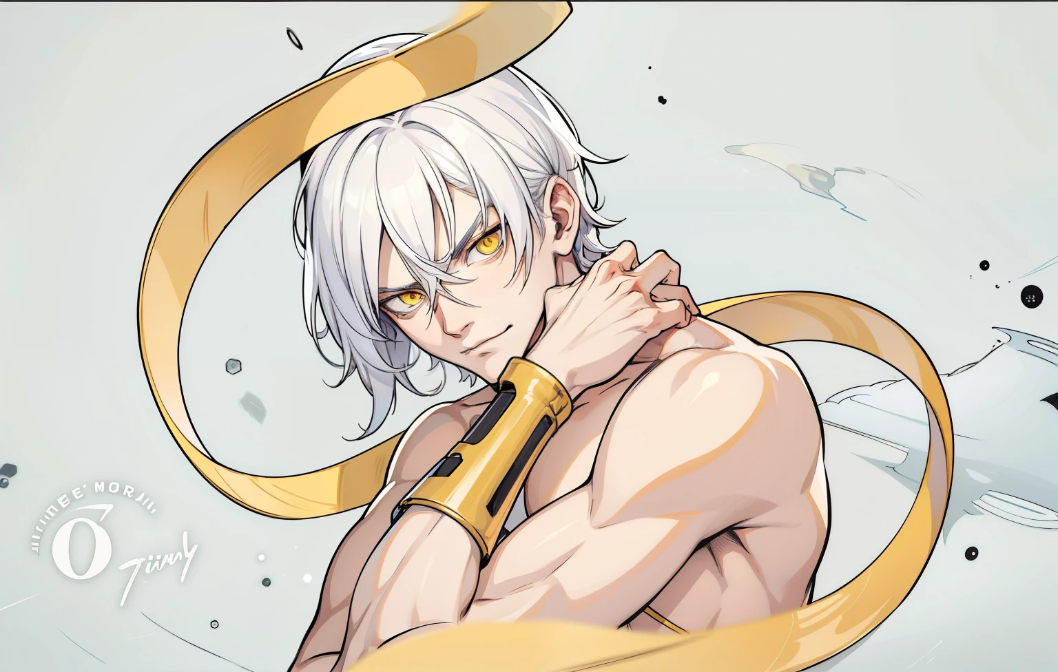 Bad man, 19 years old, white hair, yellow eyes, evil look, he is a villain, he is crazy.