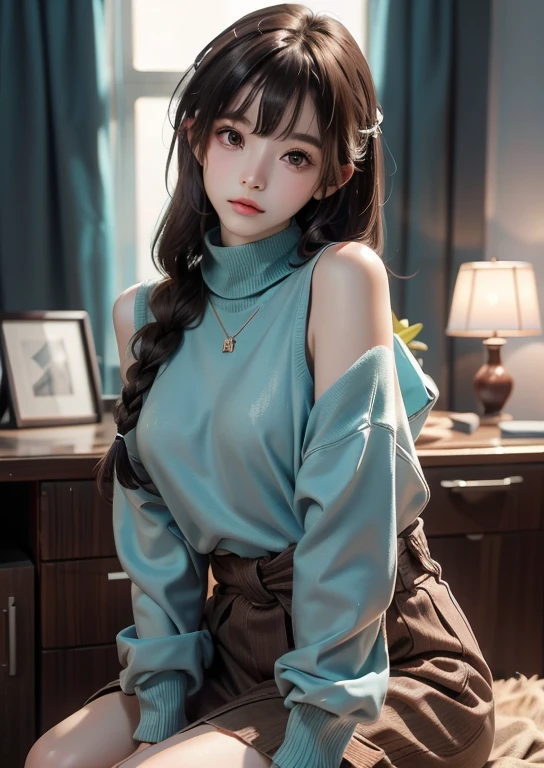 (((Waist Up)))、(((Shoulder-length brown straight hair,With bangs)))、(((Against a light interior background.)))、(((Turquoise Summer Sweater)))、very cute、Half of Japan, Half Korean、18 year old girl、Light eye makeup、Shiny, Ultra-realistic faces、Subtle lighting effects、 Ultra-realistic capture、Very detailed、High resolution 16K、Skin texture must be natural、skin health、Uniform tone、Use natural light and color、Braided hair on top of head、plump breasts、 High-quality photos taken by model agencies