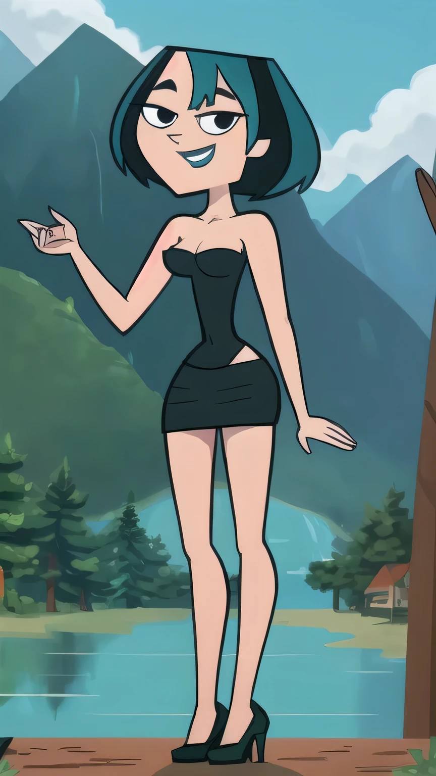 (8k, RAW photo, best quality, masterpiece:1.2), (intricate details), perfect eyes, perfect face, perfect lighting, beautiful, (masterpiece:1.2), (best quality:1.2), 1girl, cartoon style, gwentdi, solo, black eyes, black strapless tube dress, medium breast, smile, standing behind a tree, forest background with a mountain, water fall, hands down, black high heels, blue skies