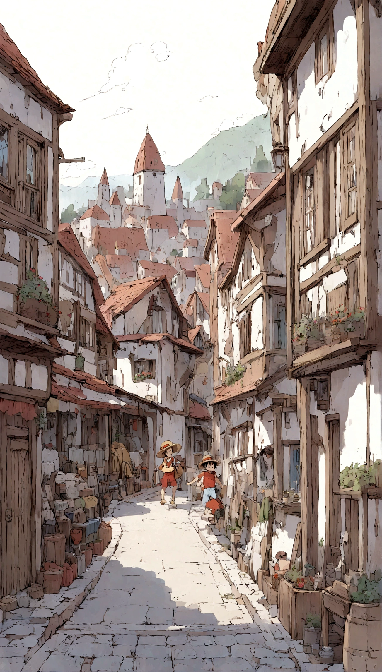 Detailed illustration of Monkey D. Luffy, Town, marine.