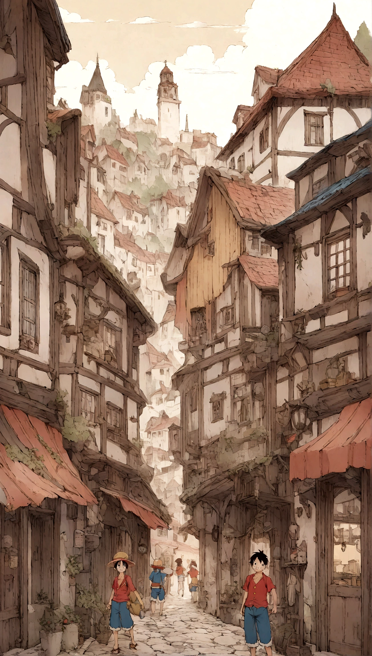 Detailed illustration of Monkey D. Luffy, Town, marine.