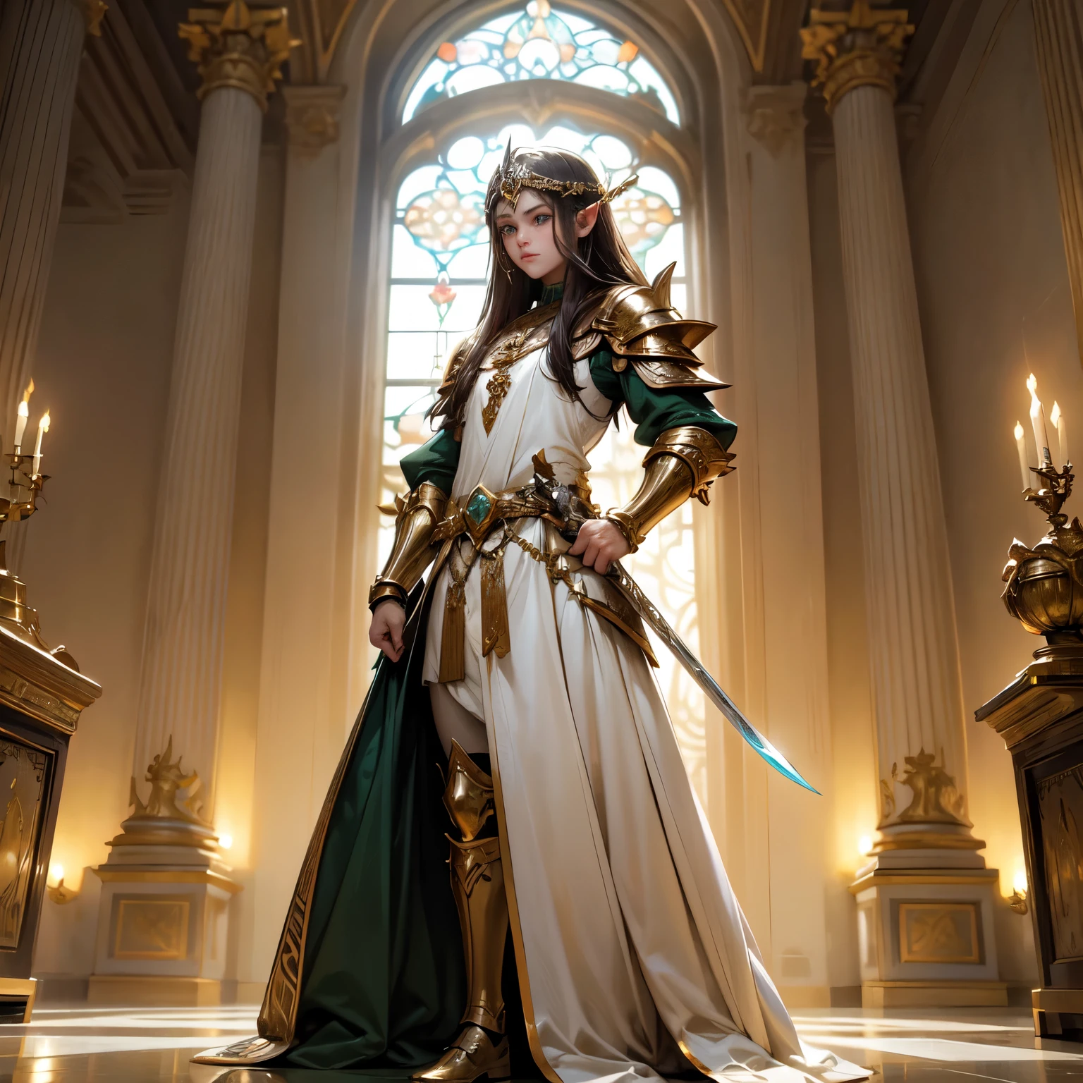 Create an 8K ultra HD digital image of a noble dark brown haired mystical Seraphin warrior, longos e ondulados, vestido com trajes de batalha da realeza, caminhando pelos corredores do castelo. O guerreiro tem olhos verdes brilhantes e pele morena. He is dressed in emerald green velvet armor with gold and silver accents., Adorned with magical jewels that glow softly. Ele usa uma coroa de ouro com pedras preciosas, gold bracelets on her wrists and a magical amulet around her neck. Nos corredores, o guerreiro empunha a Espada de Zeus. The sword is made of celestial gold and emits golden rays, with divine inscriptions along the blade that shine brightly. The hilt of the sword is adorned with small rays and lightning., simbolizando seu poder supremo. Ele segura a espada em uma pose de combate, pronto para defender o castelo, while electric sparks dance around you. The Sword of Zeus is known for its ability to control thunder and lightning, e uma aura de poder divino emana dela. Tapestries of historical scenes, exposed armor and chandeliers that cast a soft light on the stone walls create a noble atmosphere. Janelas altas com vitrais coloridos filtram a luz do sol, creating a play of colors on the marble floor. Small niches throughout the hall contain statues of ancient elven kings and queens.. The image must capture the beauty and elegance of the hallways, with an atmosphere of history and nobility, highlighting the warrior's interaction with the Sword of Zeus.