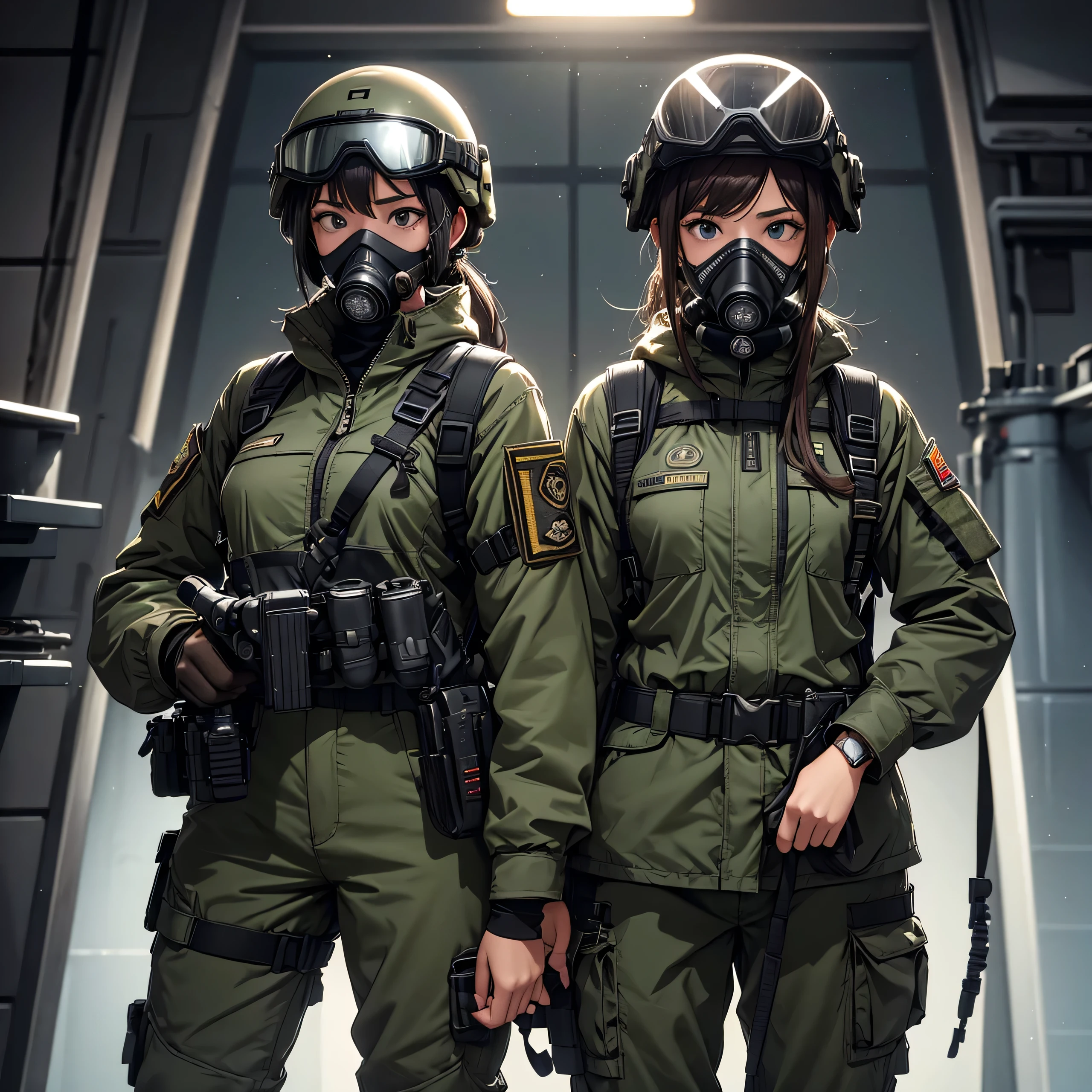 A female special forces soldier wearing a gas mask、Crotch guard、Put on a helmet、Wear goggles、M51 Military Uniform,front,side by side、Same posture、Holding a rifle、military trousers、ammo pouch、Tactical harness、Write details、masterpiece、best quality、Highly detailed CG、8K picture quality、theater lighting、lens flare