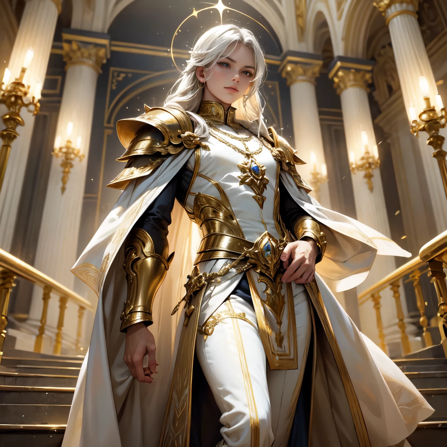 Create an 8K ultra HD digital image of a noble mystical blonde-haired Seraphin warrior, long and braided, vestido com trajes de batalha da realeza, subindo as escadas reais do castelo. O guerreiro tem olhos azuis brilhantes e pele clara. He is dressed in blue velvet armor with silver and gold trim., Adorned with magical jewels that glow softly. Ele usa uma coroa de prata com pedras preciosas, silver bracelets on her wrists and a magical amulet around her neck. Nas escadas reais, o guerreiro empunha a Espada de Zeus. The sword is made of celestial gold and emits golden rays, with divine inscriptions along the blade that shine brightly. The hilt of the sword is adorned with small rays and lightning., simbolizando seu poder supremo. He holds the sword in a vigilance pose, pronto para proteger o castelo, while electric sparks dance around you. The Sword of Zeus is known for its ability to control thunder and lightning, e uma aura de poder divino emana dela. The royal stairs are wide and majestic, made of white marble and adorned with gold handrails. Lustres de cristal pendem do teto, casting a soft, bright light. Grandes janelas com vitrais iluminam o caminho com luz colorida. The image should capture the grandeur and elegance of the actual stairs, highlighting the warrior&#39;s interaction with the Sword of Zeus.