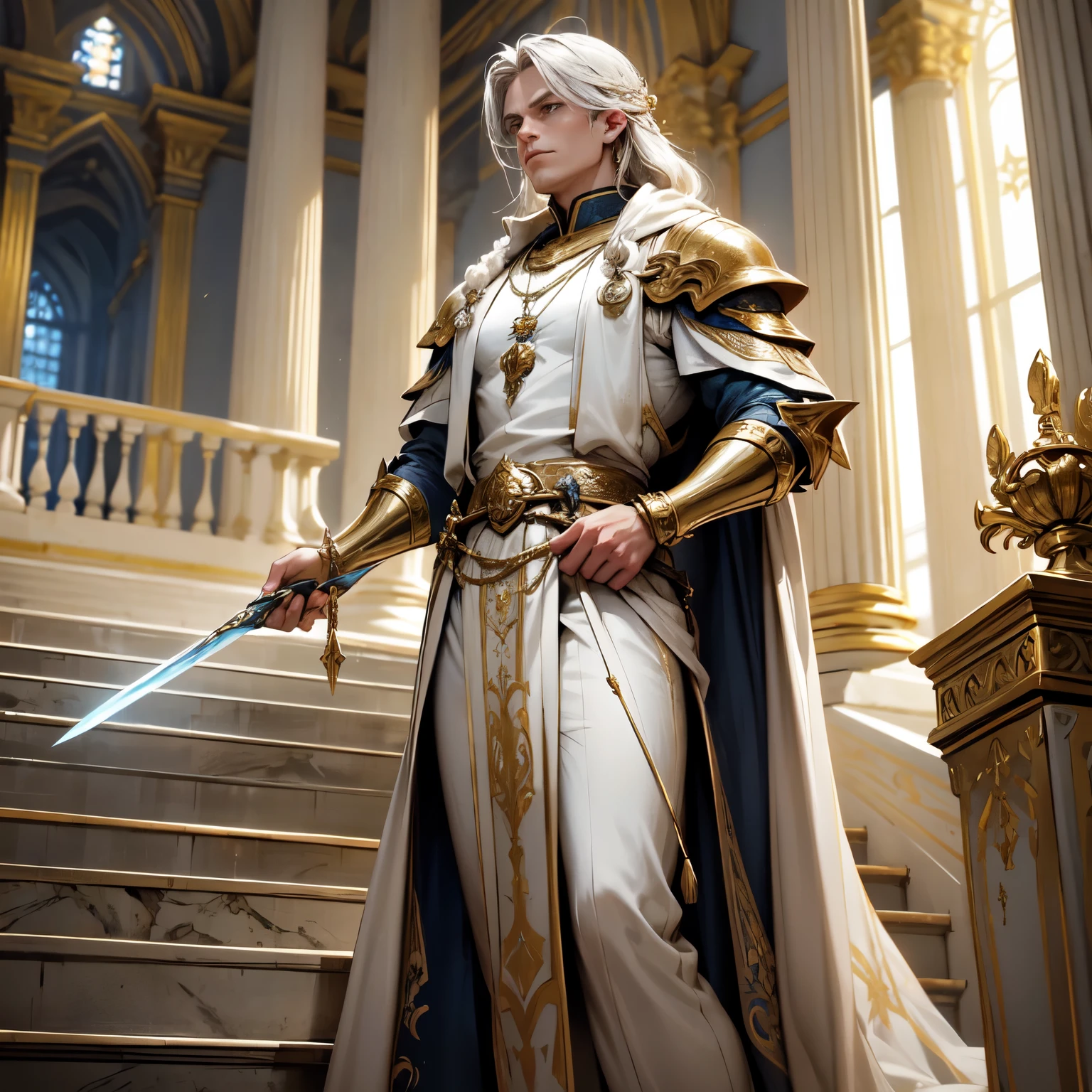 Create an 8K ultra HD digital image of a noble mystical blonde-haired Seraphin warrior, long and braided, vestido com trajes de batalha da realeza, subindo as escadas reais do castelo. O guerreiro tem olhos azuis brilhantes e pele clara. He is dressed in blue velvet armor with silver and gold trim., Adorned with magical jewels that glow softly. Ele usa uma coroa de prata com pedras preciosas, silver bracelets on her wrists and a magical amulet around her neck. Nas escadas reais, o guerreiro empunha a Espada de Zeus. The sword is made of celestial gold and emits golden rays, with divine inscriptions along the blade that shine brightly. The hilt of the sword is adorned with small rays and lightning., simbolizando seu poder supremo. He holds the sword in a vigilance pose, pronto para proteger o castelo, while electric sparks dance around you. The Sword of Zeus is known for its ability to control thunder and lightning, e uma aura de poder divino emana dela. The royal stairs are wide and majestic, made of white marble and adorned with gold handrails. Lustres de cristal pendem do teto, casting a soft, bright light. Grandes janelas com vitrais iluminam o caminho com luz colorida. The image should capture the grandeur and elegance of the actual stairs, highlighting the warrior&#39;s interaction with the Sword of Zeus.