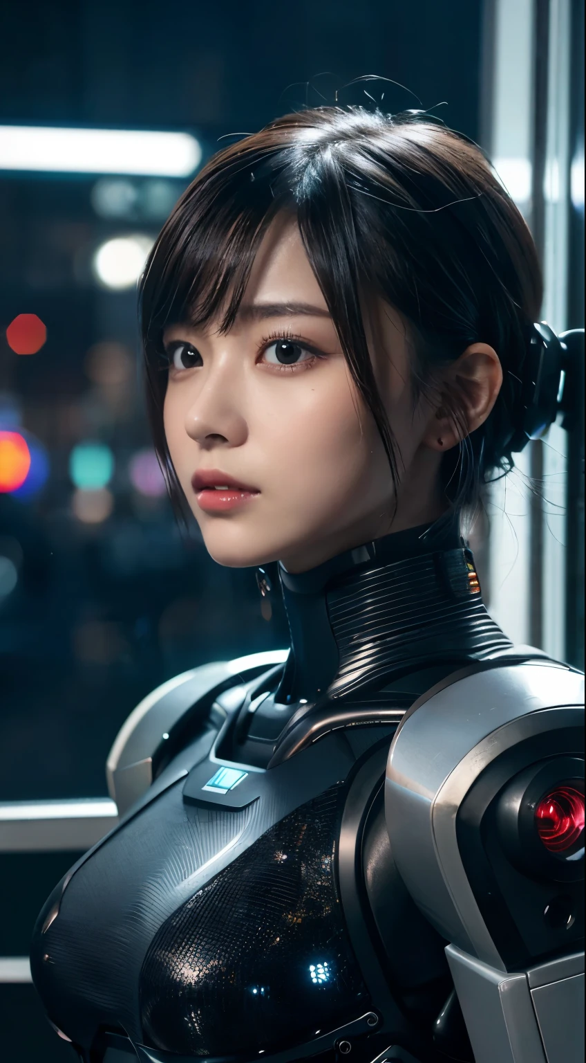 (highest quality,8K quality,masterpiece:1.3,),(超A high resolution,Photorealistic:1.4,Raw photo),(Ultra-detailed,Caustics,Perfect Anatomy),(Ultra-Realistic Capture,Beautiful and detailed skin),living room,27 years old,Black short bob,heavy,Looking into the camera,(Low angle),Warm lighting,Wear cyberpunk clothes, Futuristic, technology, Cityscape (Around the robot)0.4]、Beauty