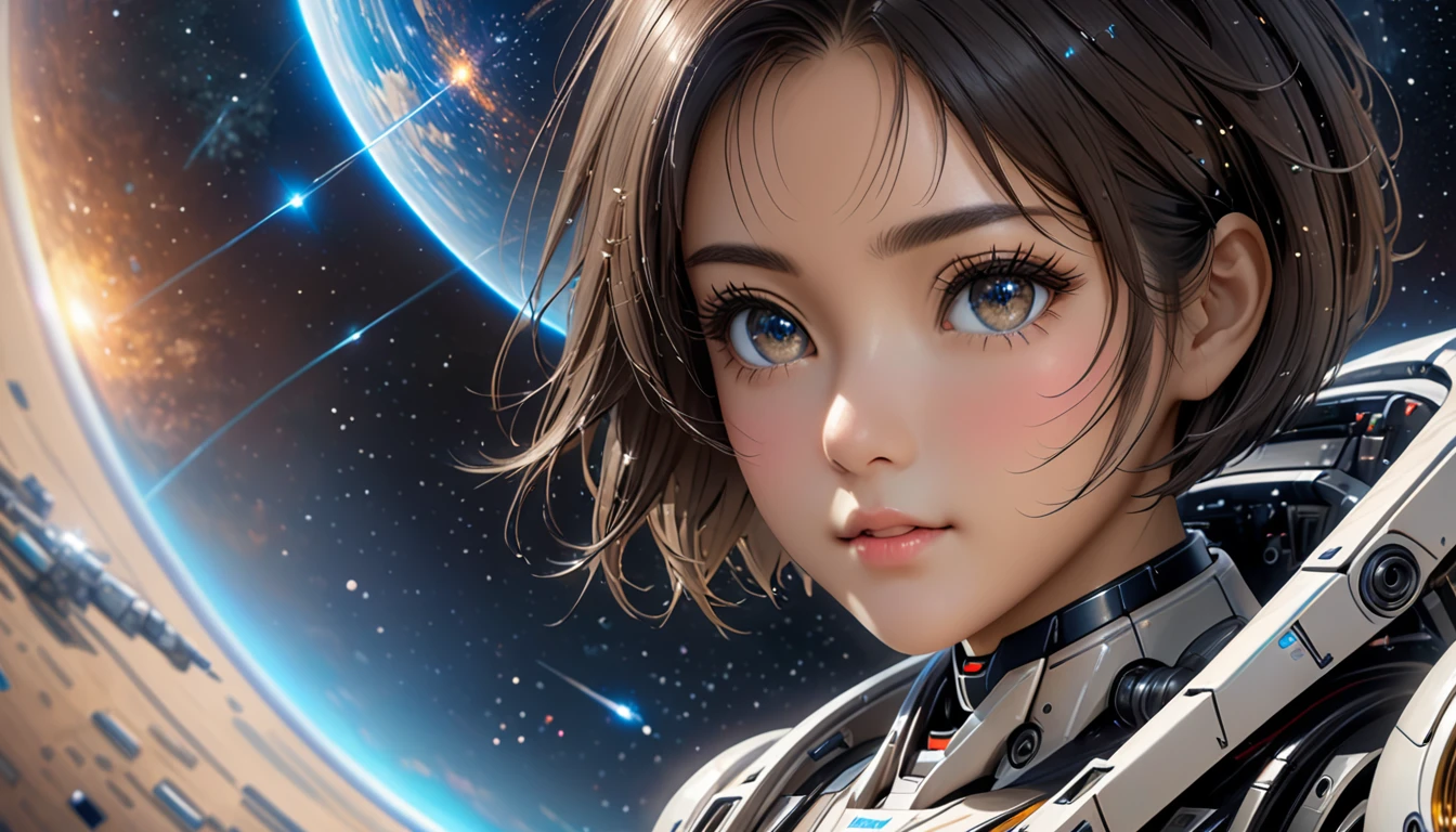 National Science Foundation,masterpiece,High resolution,8K,Art,digit,Three-dimensional,Realism,Futuristic,cute,Facing the camera,universe,Milky Way,Planet,(1 female: 1.3),(alone: 1.4),Very futuristic,Wearing mechs,Long eyelashes,Long thin legs,Short Bob,Close-up of upper body,Close-up,close view,Starry Sky,Starry Sky般深邃的眼睛,Huge spaceship background