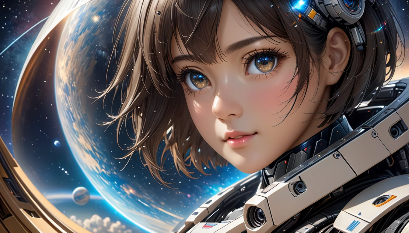 National Science Foundation,masterpiece,High resolution,8K,Art,digit,Three-dimensional,Realism,Futuristic,cute,Facing the camera,universe,Milky Way,Planet,(1 female: 1.3),(alone: 1.4),Very futuristic,Wearing mechs,Long eyelashes,Long thin legs,Short Bob,Close-up of upper body,Close-up,close view,Starry Sky,Starry Sky般深邃的眼睛,Huge spaceship background