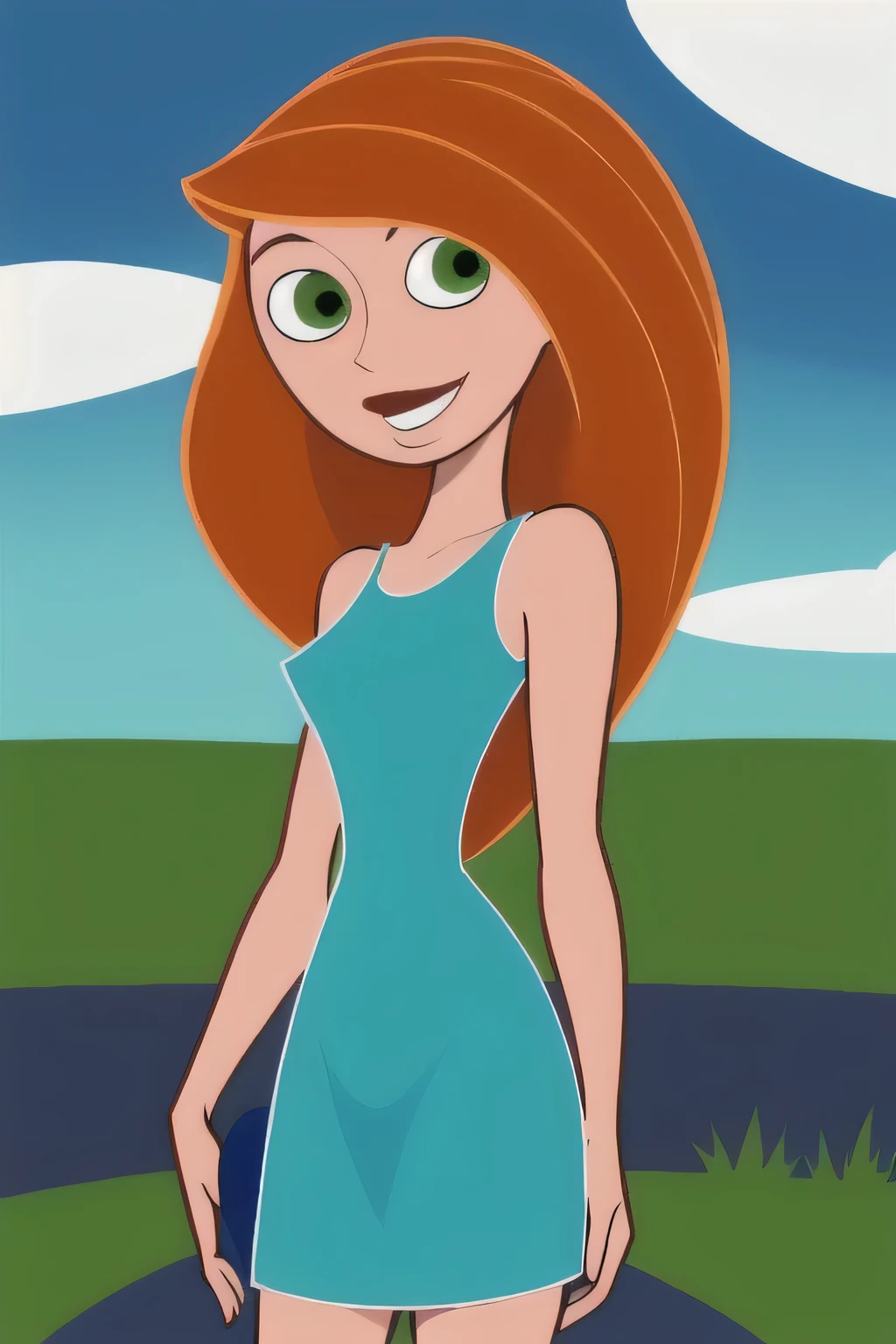 (masterpiece, best quality:1.3), 1girl, looking at viewer, kimberly ann possible, parted lips, upper body, standing, collarbone, bare shoulders, blush, colored skin, orange hair, long hair, absurdly long hair, green eyes, medium breasts, (skindentation:1.2), little blue sequin dress, sleeveless, blue sky, clouds, garden, landscape, smile
