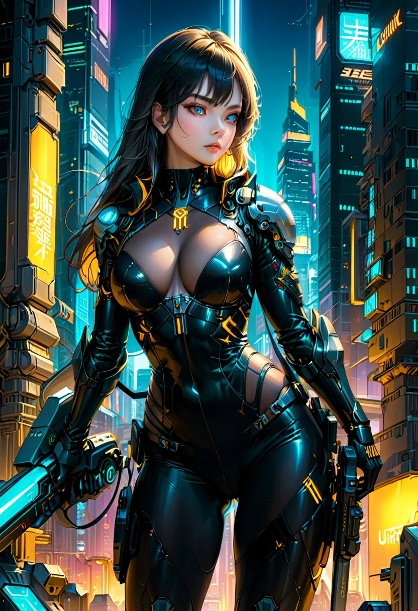 In the neon lit future city, a female warrior wearing a black tight fitting suit and holding a high-tech weapon is carrying out a secret mission. She uses advanced equipment and extraordinary skills to shuttle between tall buildings and complete impossible tasks, (masterpiece, best quality, Professional, perfect composition, very aesthetic, absurdres, ultra-detailed, intricate details:1.3)