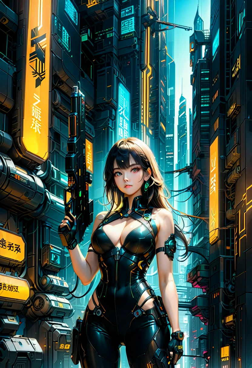 In the neon lit future city, a female warrior wearing a black tight fitting suit and holding a high-tech weapon is carrying out a secret mission. She uses advanced equipment and extraordinary skills to shuttle between tall buildings and complete impossible tasks, (masterpiece, best quality, Professional, perfect composition, very aesthetic, absurdres, ultra-detailed, intricate details:1.3)