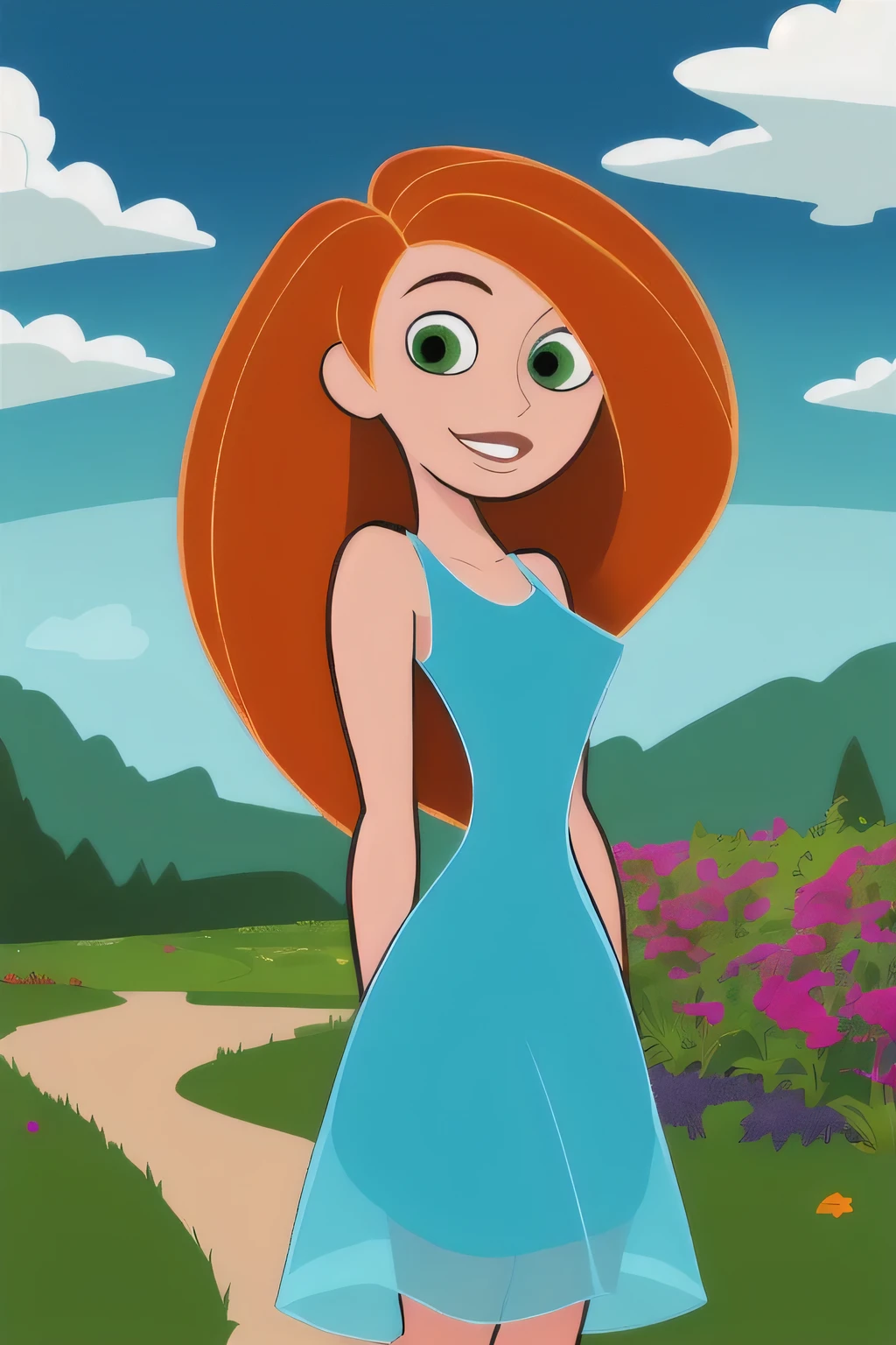 (masterpiece, best quality:1.3), 1girl, looking at viewer, kimberly ann possible, parted lips, upper body, standing, collarbone, bare shoulders, blush, colored skin, orange hair, long hair, absurdly long hair, green eyes, medium breasts, (skindentation:1.2), little blue sequin dress, sleeveless, blue sky, clouds, garden, landscape, smile