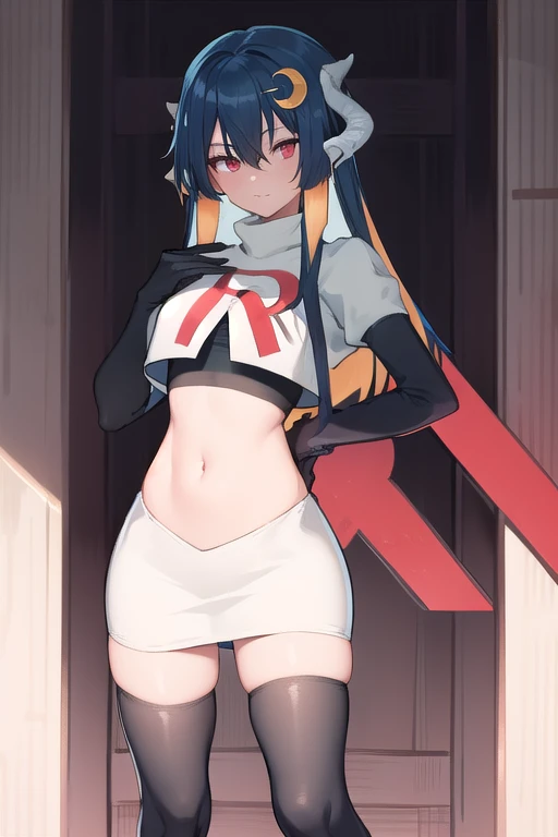 vienna (vtuber), 1girl, bangs, black hair, blue hair, crescent, crescent hair ornament, crossed bangs, dragon girl, dragon horns, gradient hair, hair between eyes, hair ornament, horns, long hair, looking at viewer, multicolored hair, red eyes, solo, standing, very long hair, team rocket,team rocket uniform,white skirt,red letter R,crop top,black thigh-highs,black elbow gloves
