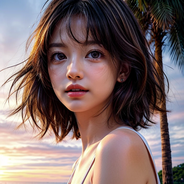 1 girl, Japan person, 45 years old, photorealistic, beautiful and detailed face, viewer, simple background, solo, sea, bikini, small breasts, tank top. sunny, summer vacation, beach, (short hair, wet), smile, movie lighting, movie, Japan drama, (necklace), earrings