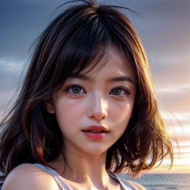 (Acutance:0.85), (Masterpiece Ultra-detailed RAW photorealistic:1.37), Tiny girl、Tropical Beach、evening、Stroll along the beach、(Gazing at the colorful sunset)、(Orange rays illuminating face, close-up:1.4), Gust of wind . (((Extremely detailed NOGIZAKA face))), perfect anatomy, Childish, captivating gaze, elaborate detailed Eyes with (sparkling highlights:1.2), long eyelashes、Glossy RED Lips with beautiful details, Coquettish tongue, Rosy cheeks, (Radiant natural skin) with clear transparency . { (Dynamic joyful expressions) | (:d) }, Random hair color, (no Large eyes).